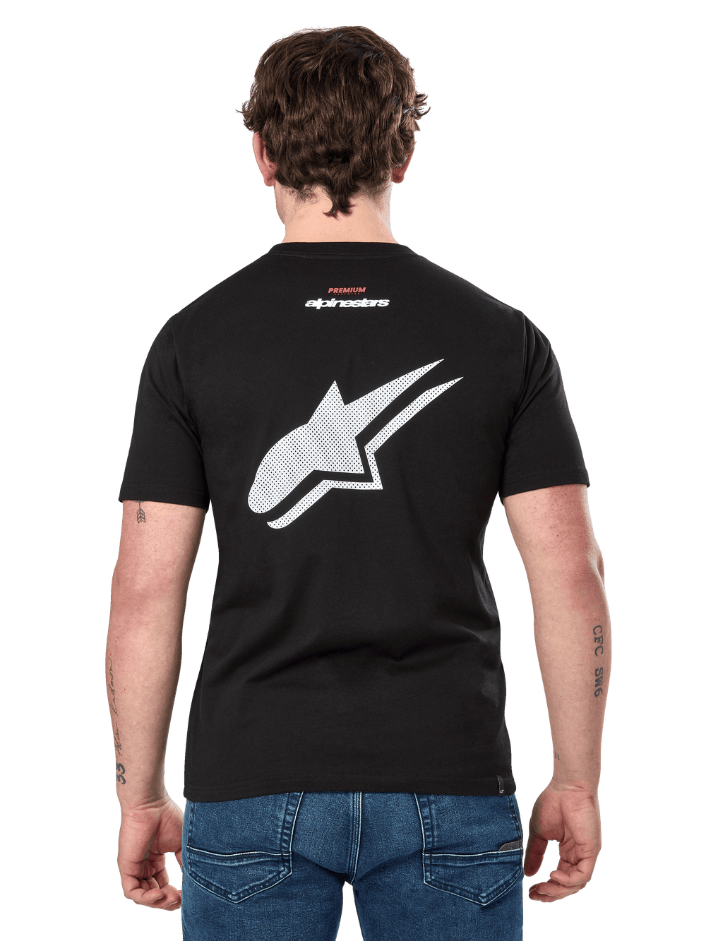 Alpinestars Formulate CSF Tee, Short Sleeve T-Shirt, Black, Back view showing large white perforated Astars logo and small Alpinestars branding, casual motorsport-inspired sportswear