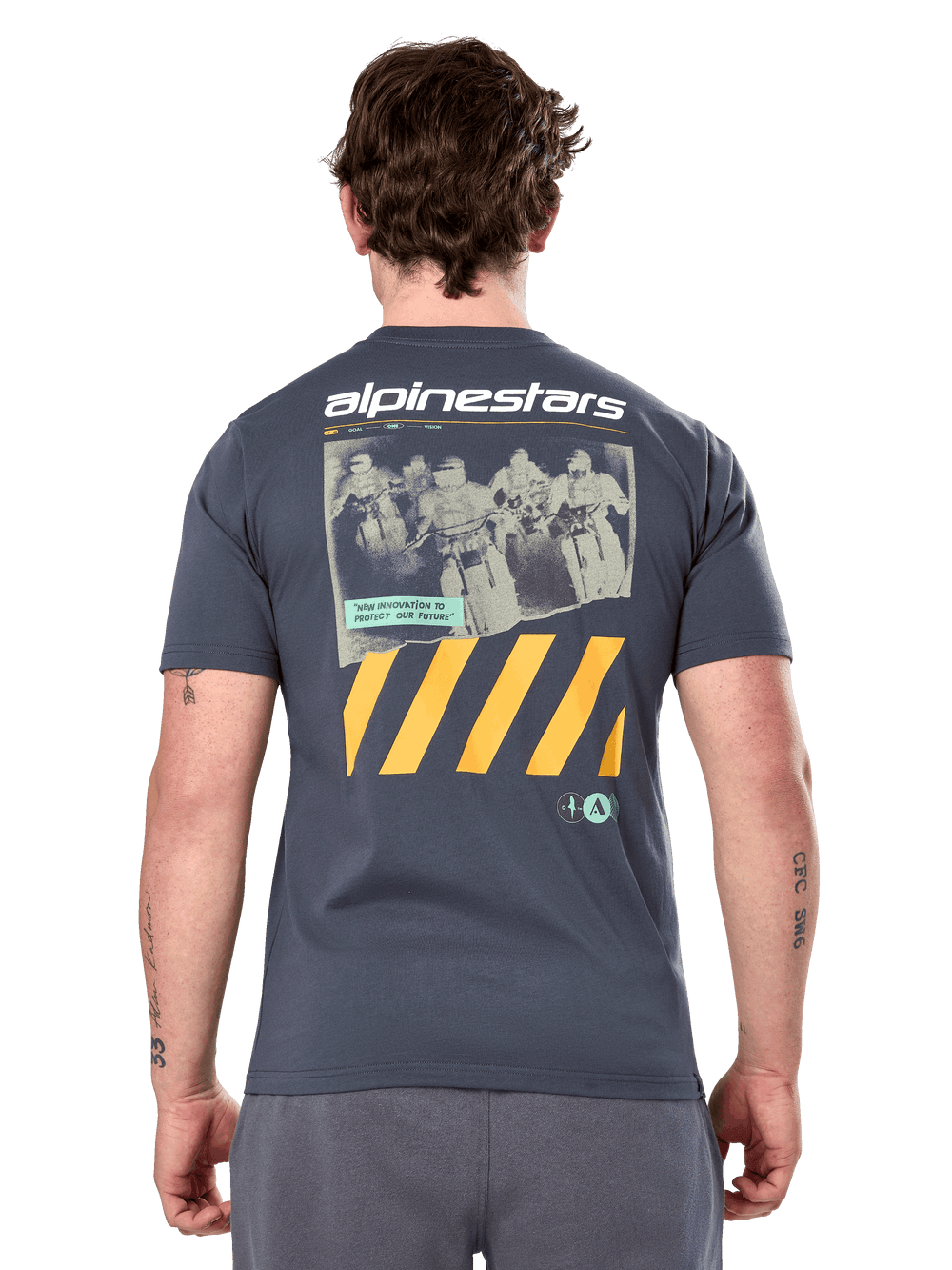 Alpinestars No Barrier Csf Tee, Short Sleeve T-Shirt, Charcoal, Large back graphic with distressed motocross photography and yellow diagonal stripes, Casual Motorsport Sportswear