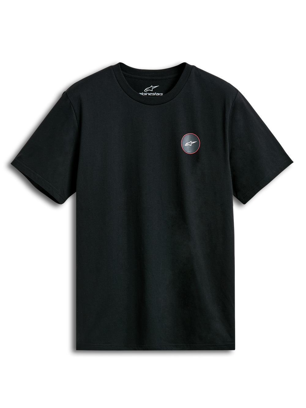Alpinestars Dot Carbon CSF Tee, black short-sleeve sportswear t-shirt with a carbon fiber-look chest logo graphic