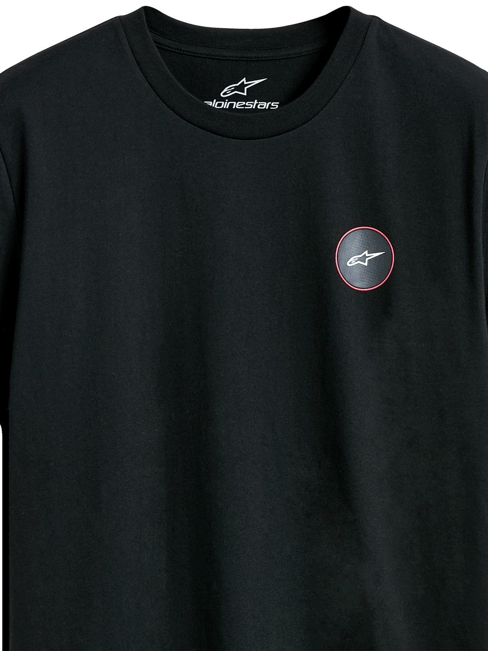Alpinestars Dot Carbon CSF Tee, Short Sleeve T-Shirt, Black, Close-up of Circular Chest Logo with Carbon Fiber Look and White Astars Symbol, Casual Motorsport Streetwear
