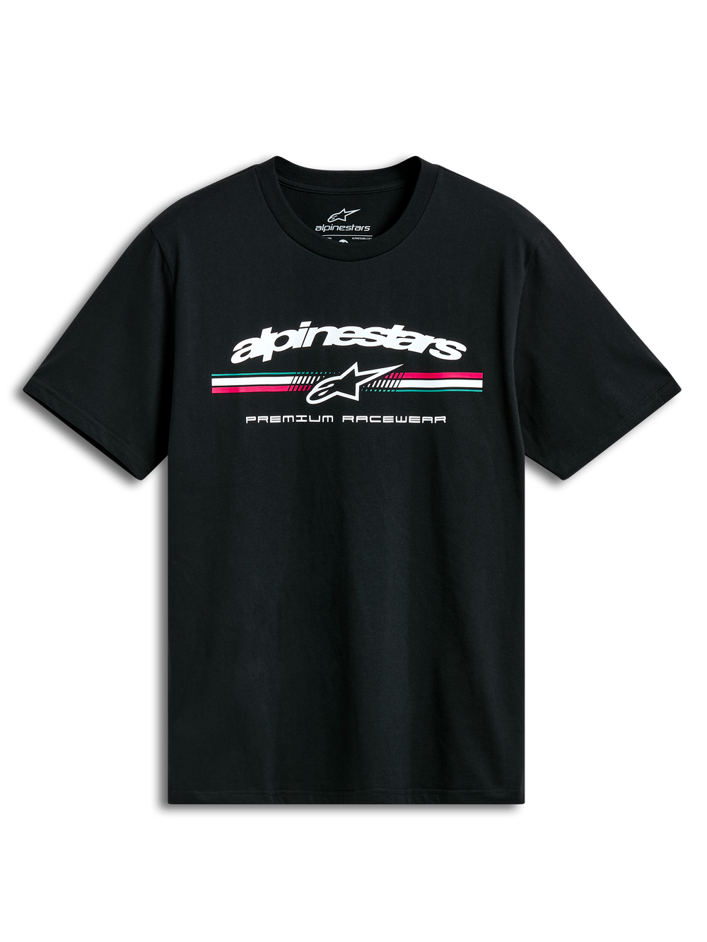 Alpinestars Prevail Csf T-Shirt, black short sleeve sportswear tee with a front paddock-style tri-color stripe logo and soft hand print