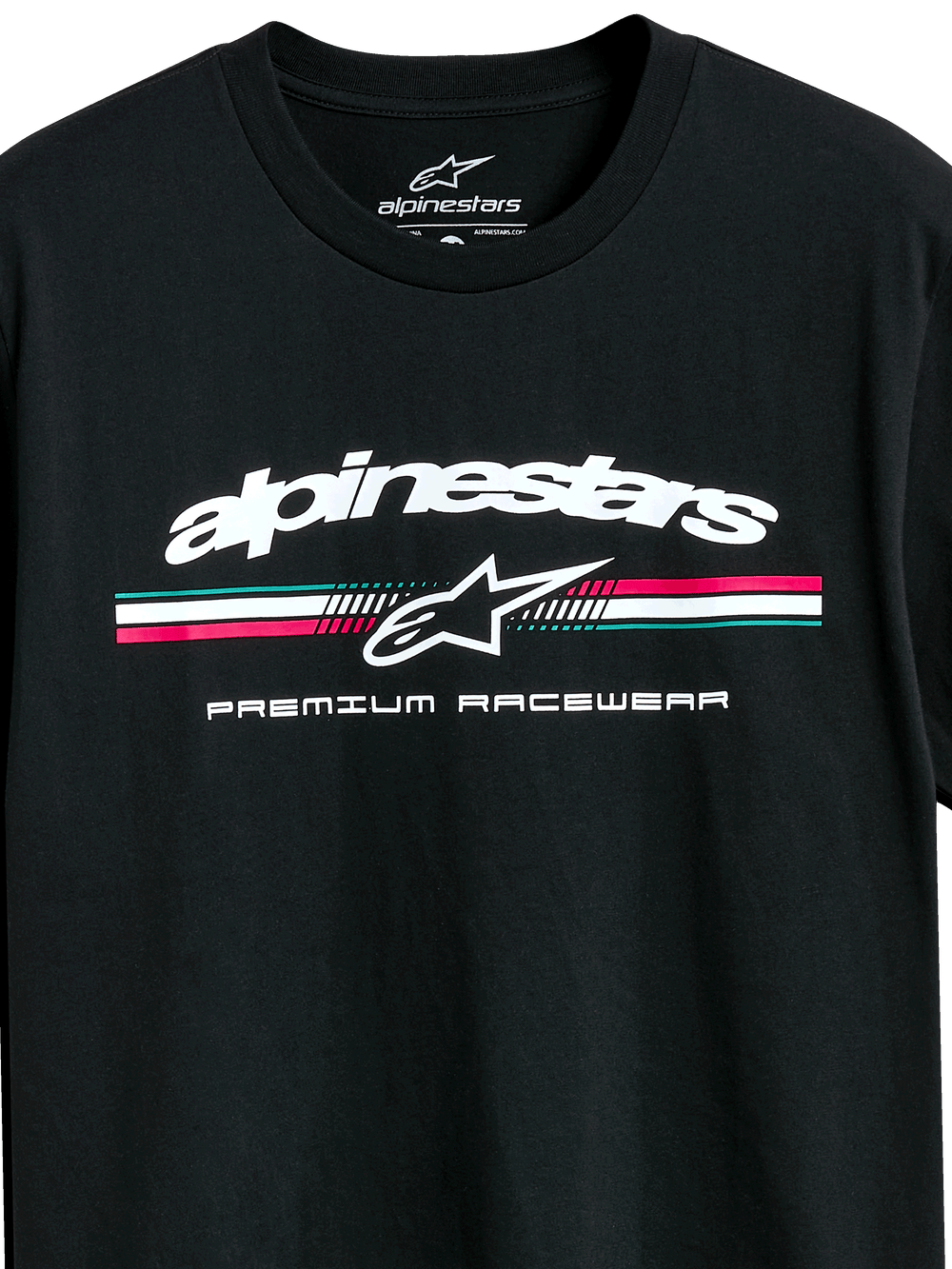 Alpinestars Prevail CSF Tee, Short Sleeve T-Shirt, Black, White Alpinestars Logo with Teal Pink and White Tri-Color Stripe, Premium Racewear Graphic, Casual Motorsport Sportswear