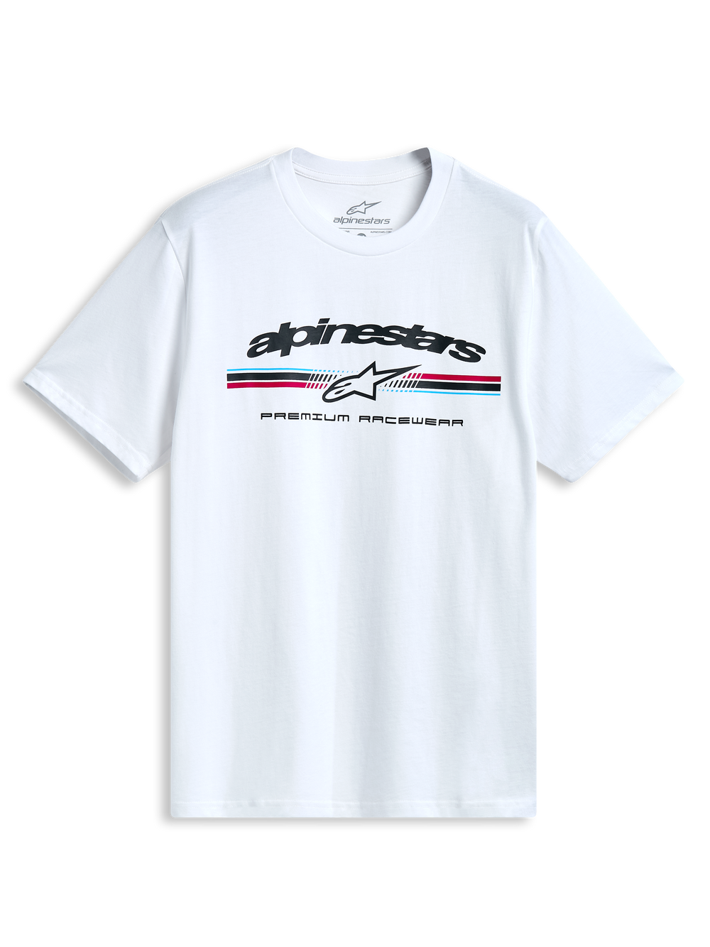 Alpinestars Prevail Csf T-Shirt, white short-sleeve sportswear tee with a front paddock-style tri-color stripe logo and soft hand print