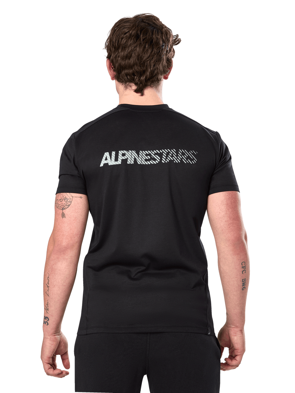 Alpinestars Exemption Performance Tee, Short Sleeve Performance T-Shirt, Black, back view showing reflective Alpinestars logo across the shoulders, athletic fit, sustainable performance sportswear