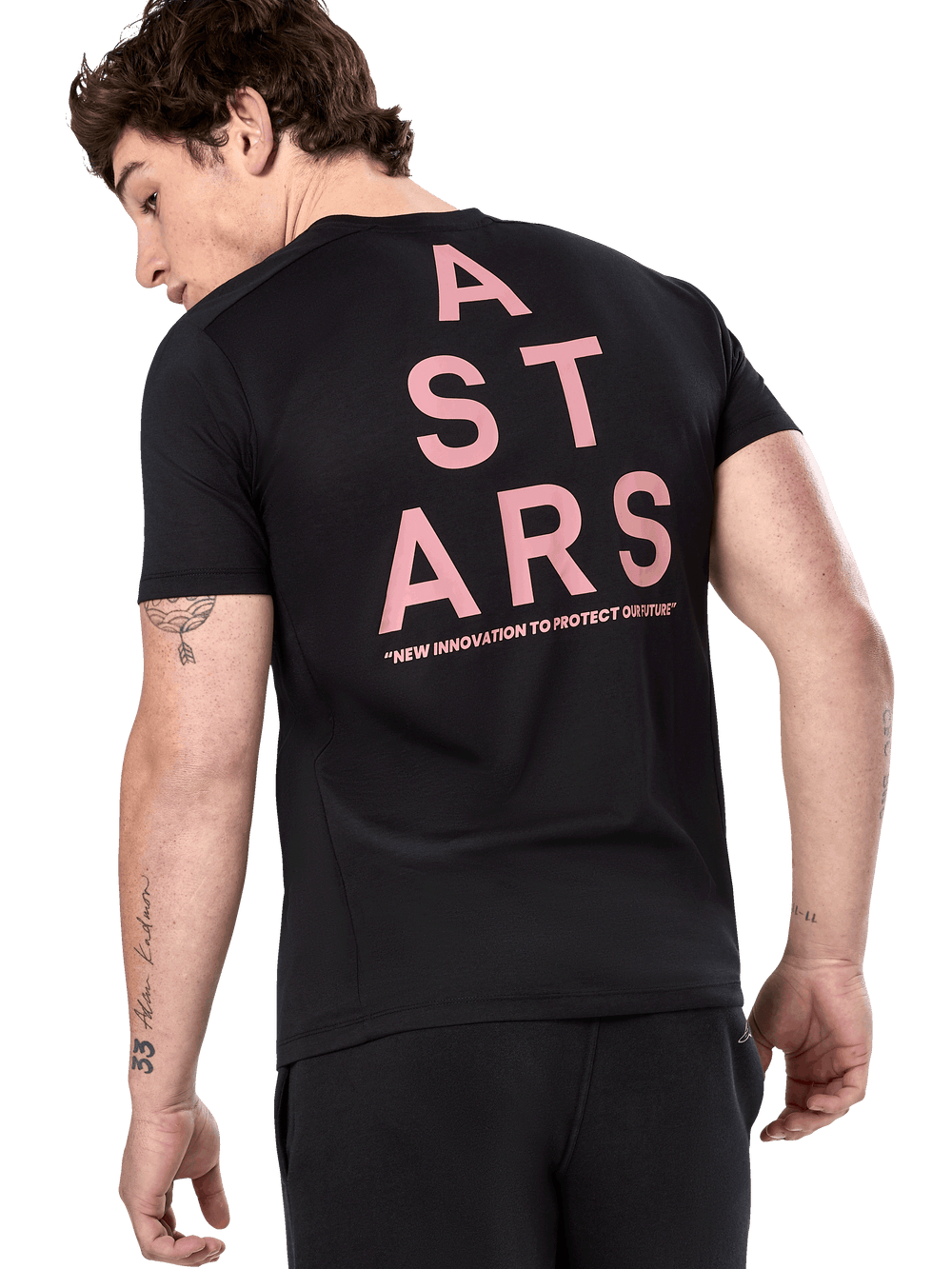 Alpinestars Attrition Performance Tee, Short Sleeve T-Shirt, Black, rear view featuring large pink vertical ASTARS graphic with slogan 