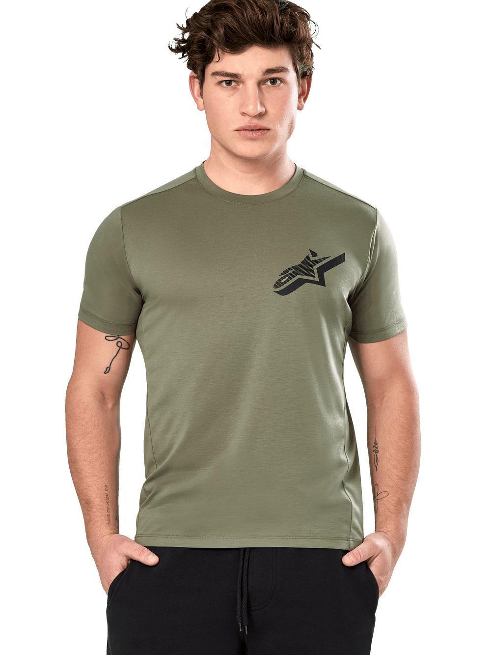 Alpinestars Attrition Performance Tee, Short Sleeve T-Shirt, Light Green, black Astars logo on chest, performance wicking fabric, model wearing with black pants, casual sportswear