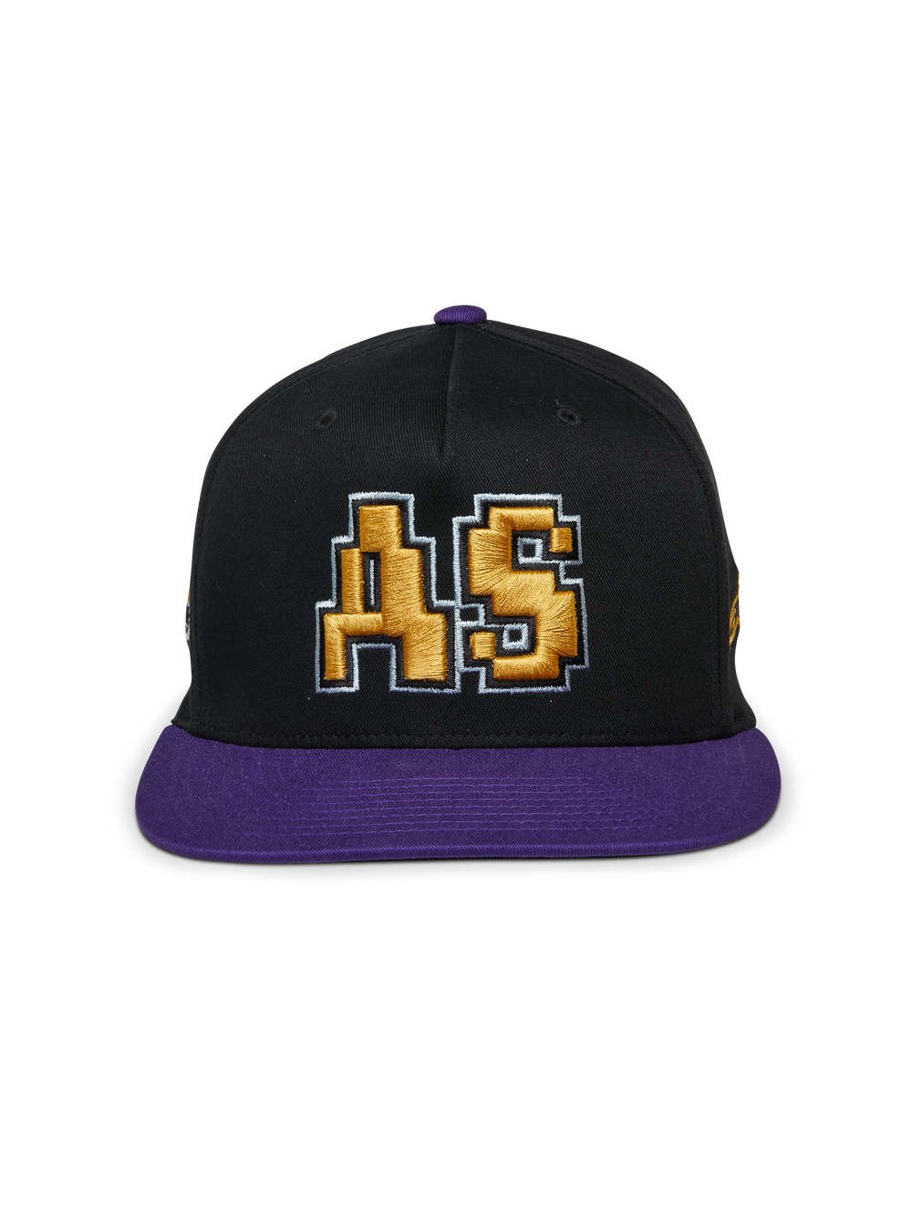 Alpinestars Franchise Hat, black and purple flat bill cap, structured crown with purple bill and top button, featuring a gold 3D embroidered 