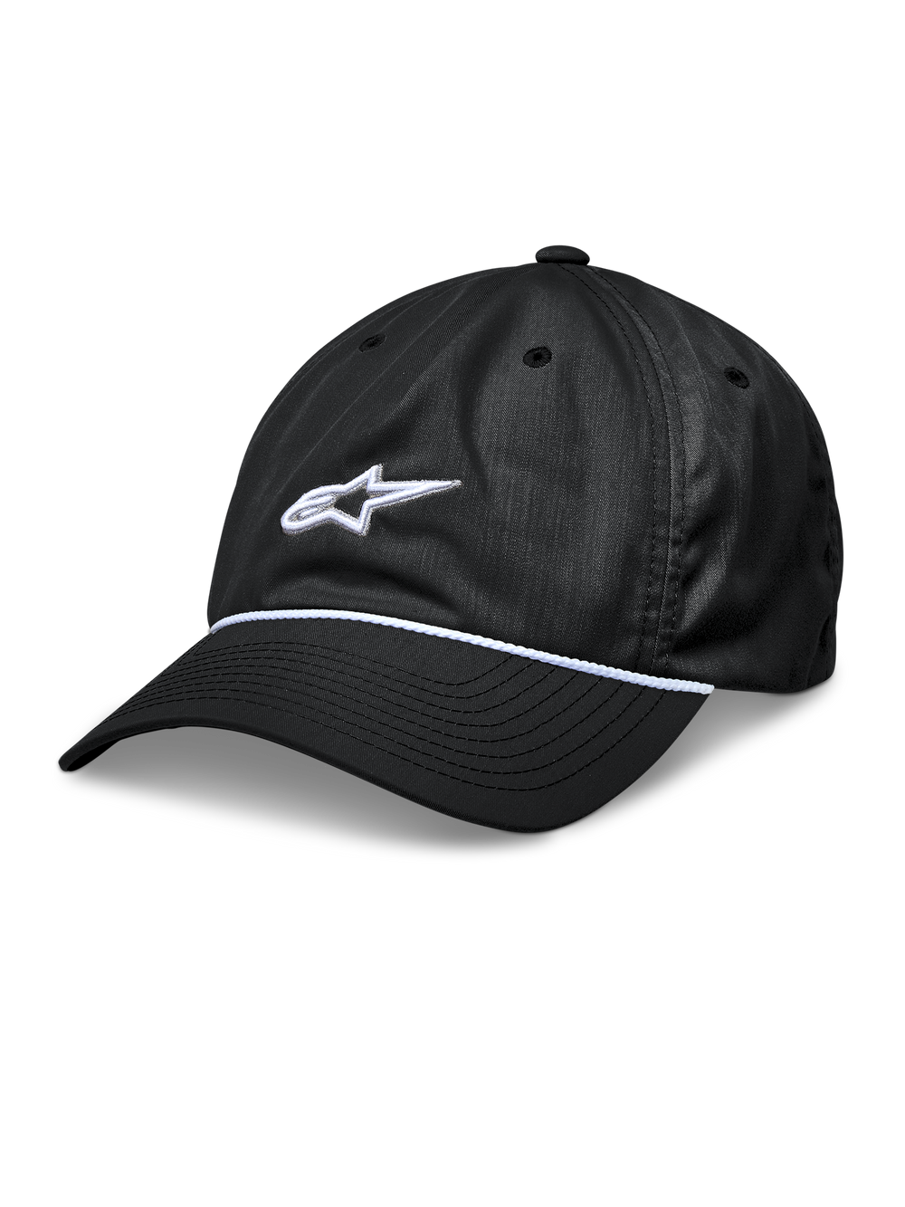 Alpinestars Tyler Hat, Black Snapback Baseball Cap, Curved Bill with White Braided Rope Trim, White 3D Embroidered Star Logo, Unstructured Low Crown, Casual Sportswear Headwear