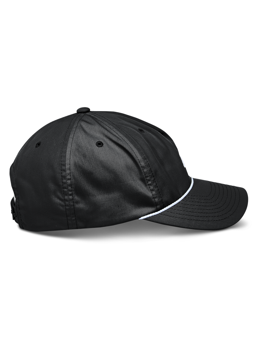 Alpinestars Tyler Hat, Black snapback hat shown from the side, curved bill, white braided rope trim, unstructured low crown, recycled polyester twill, casual sportswear