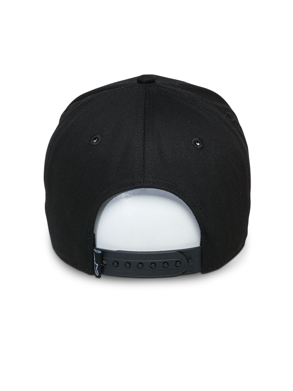 Alpinestars Committed Hat, Black Snapback Hat, back view featuring adjustable snap closure and small woven label, structured crown, casual motorsport-inspired headwear