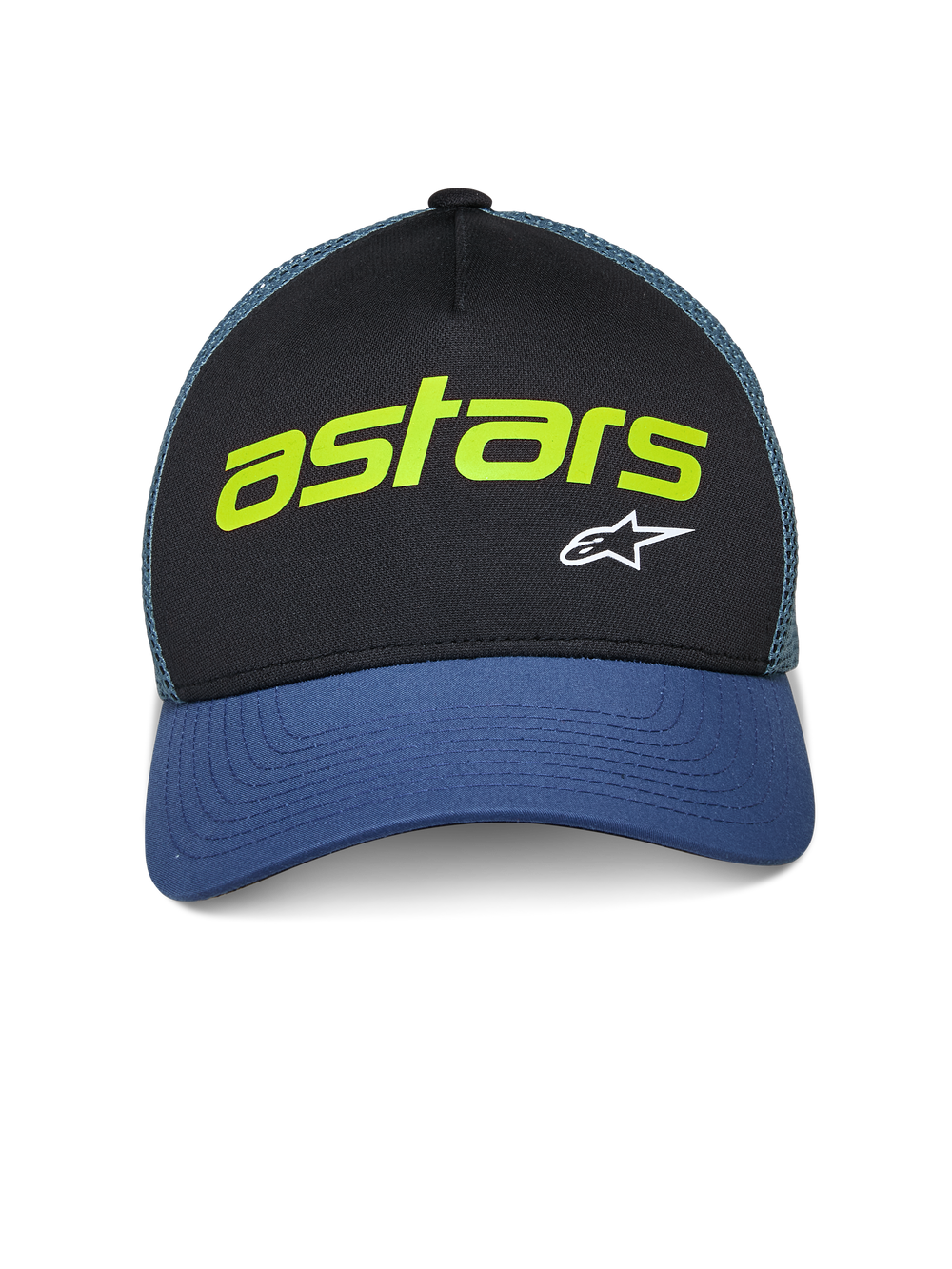 Alpinestars Vital Trucker Hat, Casual Trucker Cap, Black and Blue with Green mesh back, featuring lime green 'astars' text and white A-star logo, curved bill and structured crown