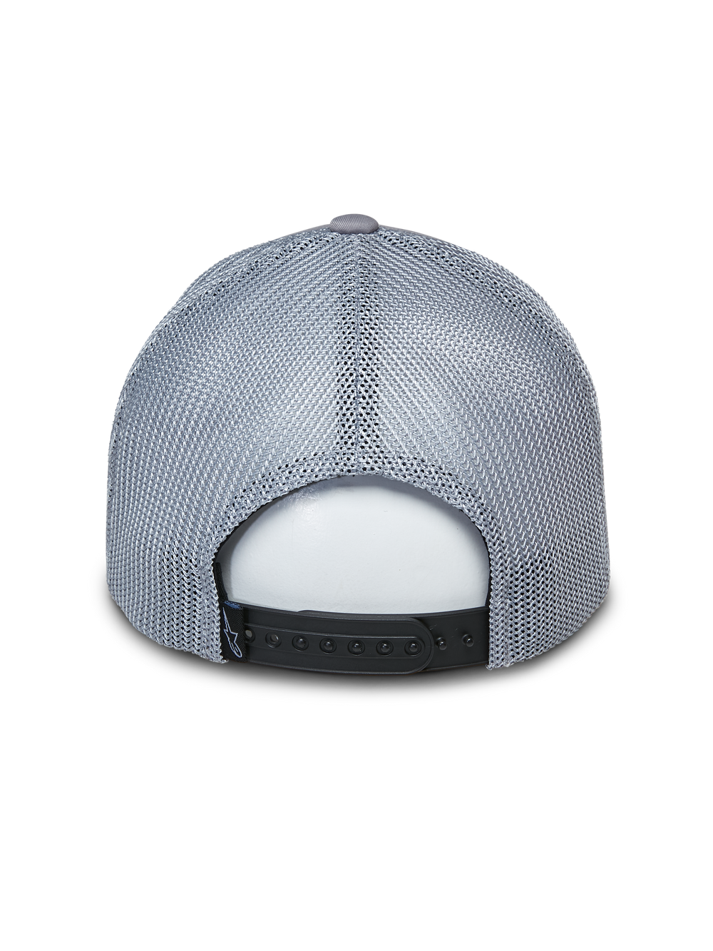 Alpinestars Terolithic Trucker Hat, Grey Trucker Cap, back view featuring grey mesh panels and black snapback closure, casual motorsport-inspired headwear