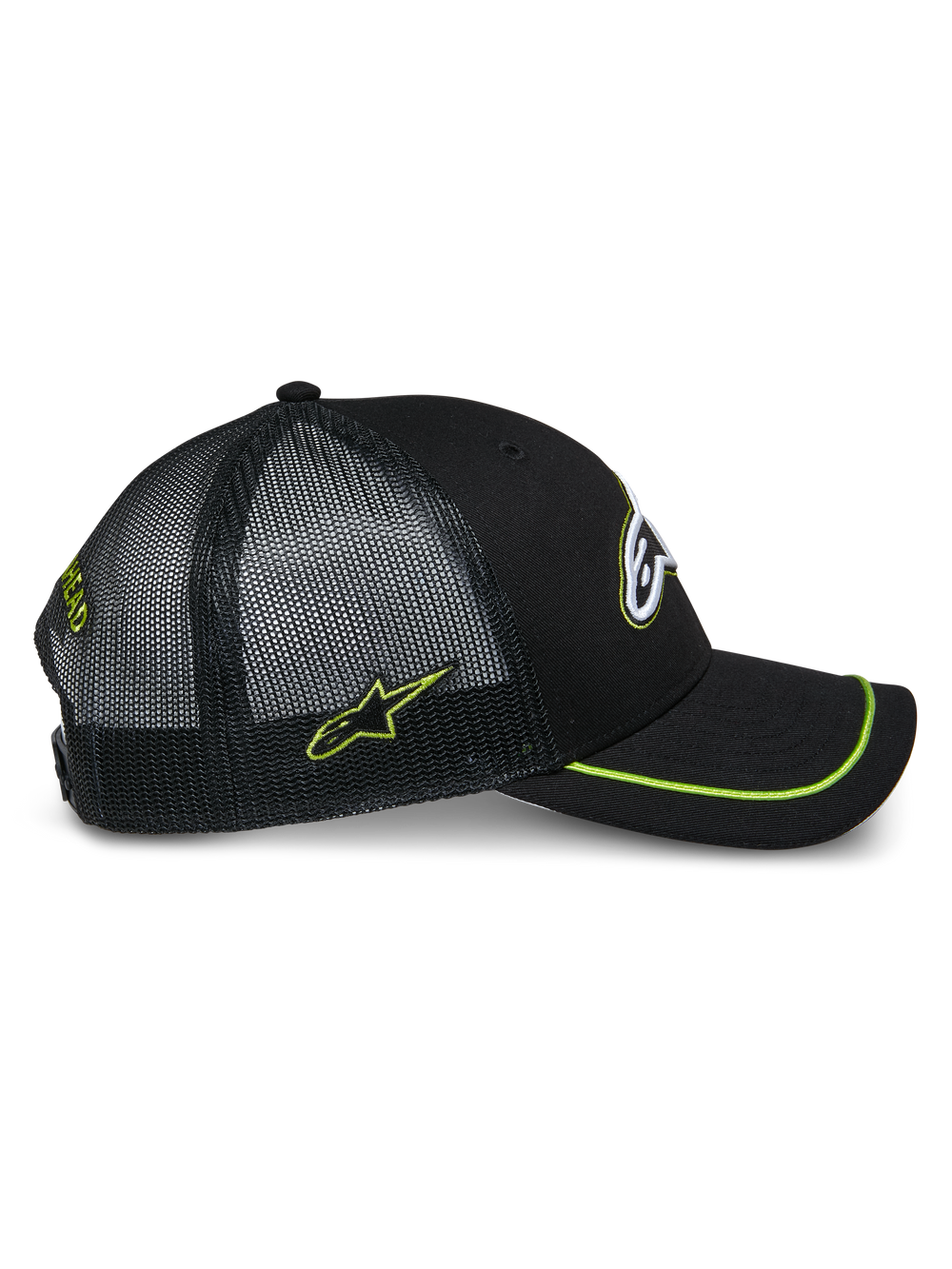 Alpinestars Exceed Trucker Hat, Side View, Black with Lime Green Accents, Mesh Back Panels, Curved Bill with Lime Green Sutache Trim, Embroidered Side Logo, Casual Motorsport Headwear