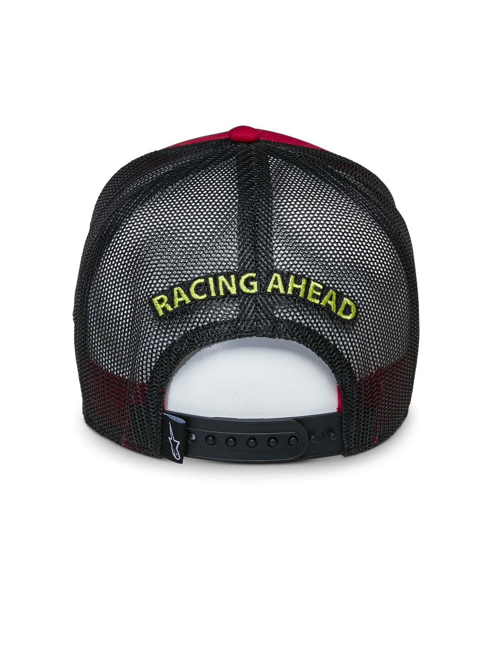 Alpinestars Exceed Trucker Hat, Rear View, Red and Black, features yellow 