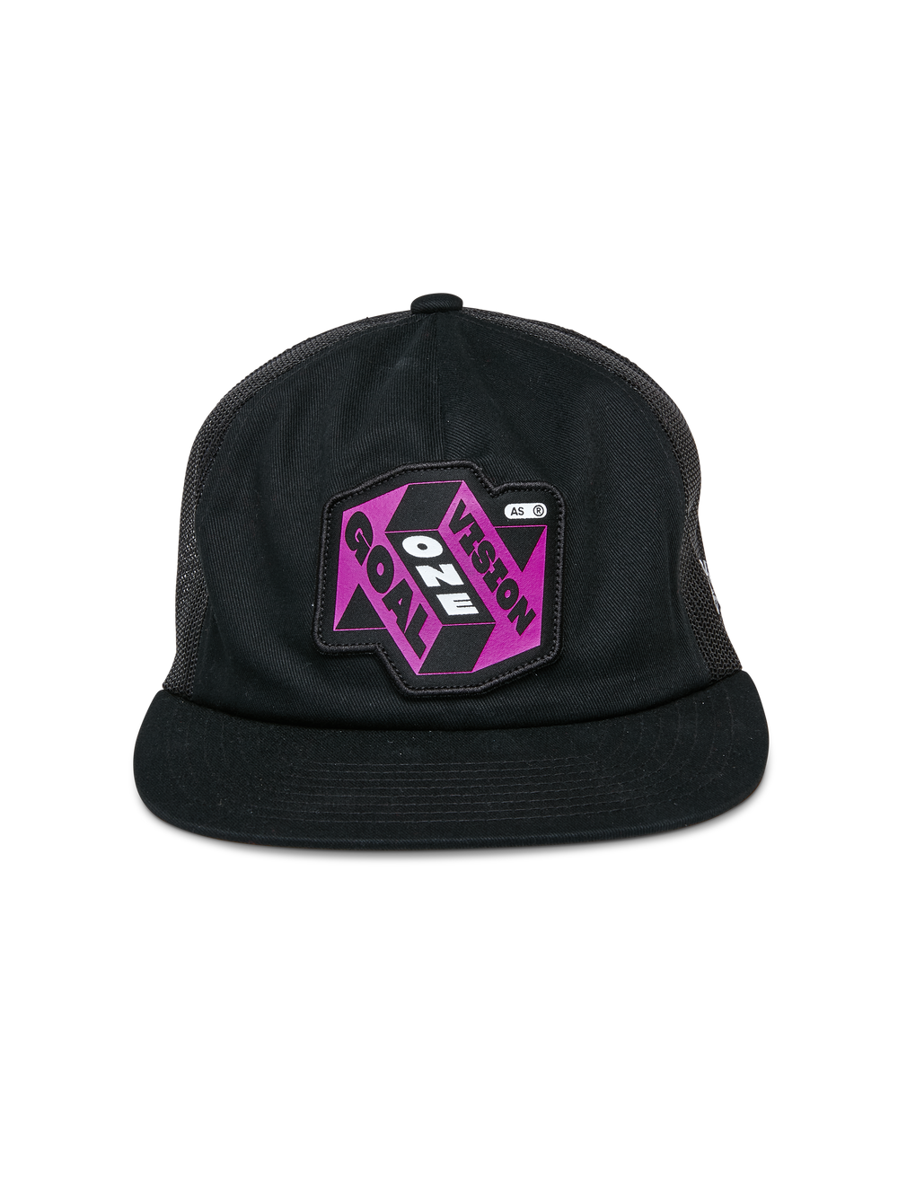 Alpinestars That Way Trucker Hat, Black Trucker Cap, features a purple and black graphic patch with 