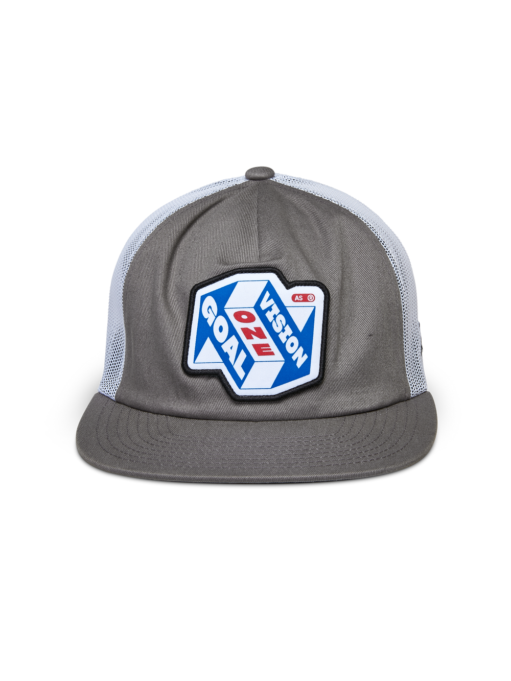 Alpinestars That Way Trucker Hat, Grey and White, structured crown with flat bill and white mesh back, featuring a large front patch with 'One Goal One Vision' graphic, casual motorsport streetwear