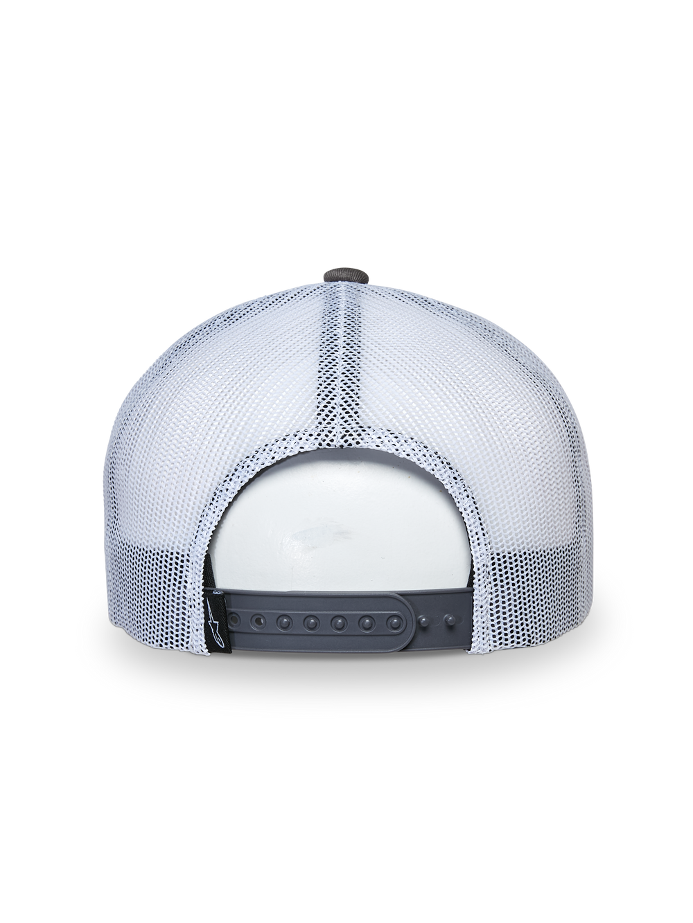 Alpinestars That Way Trucker Hat, Trucker Cap, Grey and White, Back view showing white mesh panels and grey snapback closure, adjustable fit, casual sportswear headwear