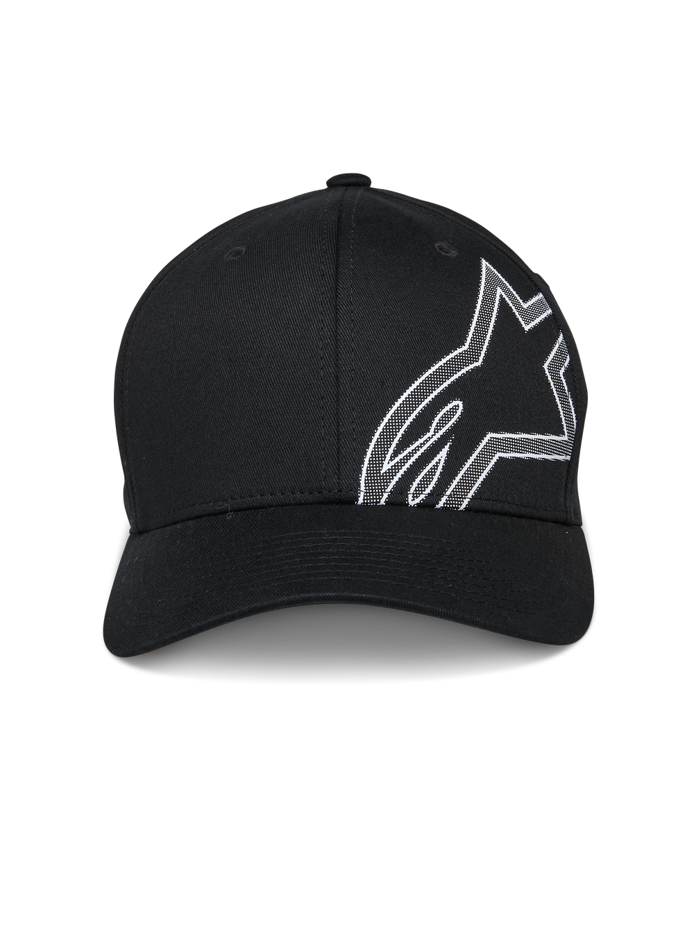 Alpinestars Share Hat, Baseball Cap, Black, featuring a large white HD puff print Astars logo outline on the side, curved bill, structured crown, casual motorsport-inspired sportswear
