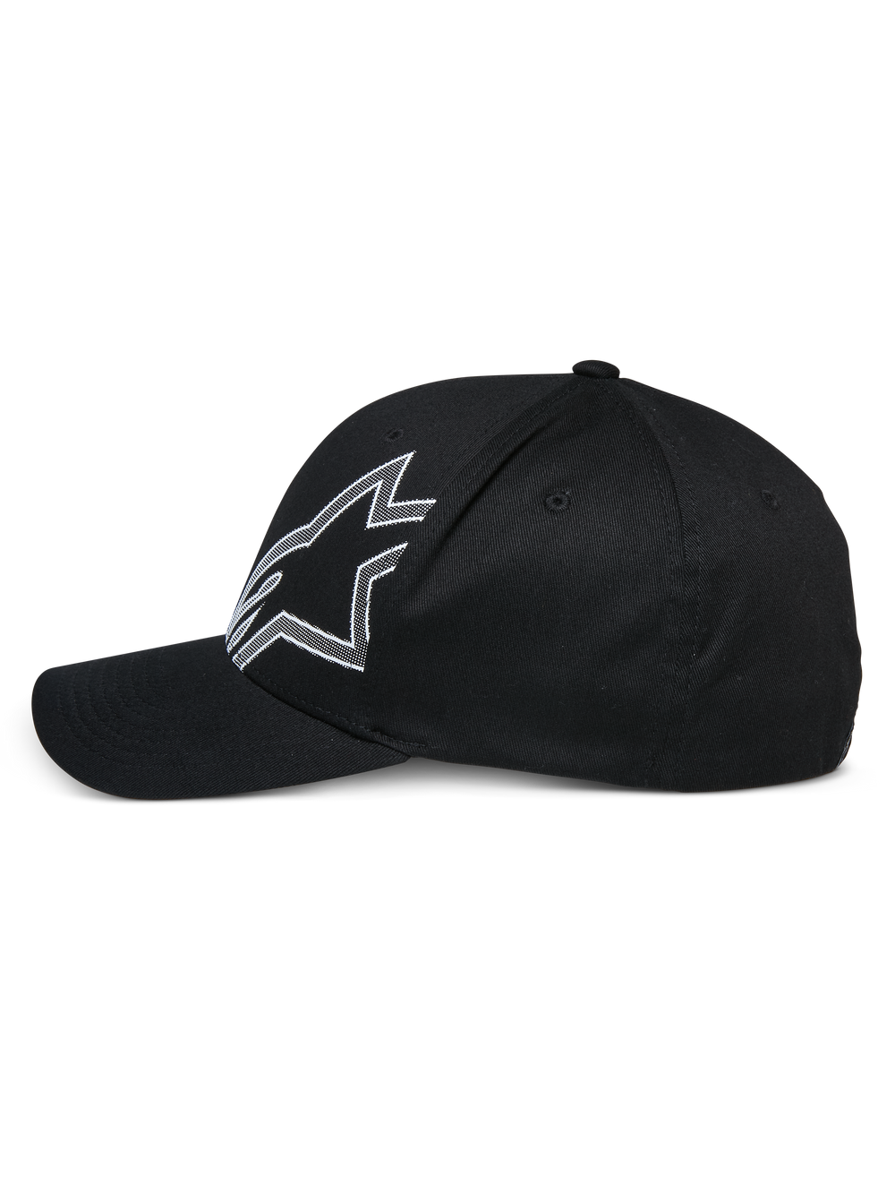 Alpinestars Share Hat, black baseball cap, side profile view, featuring a large white outlined Astars logo, curved bill, structured crown, casual motorsport-inspired headwear