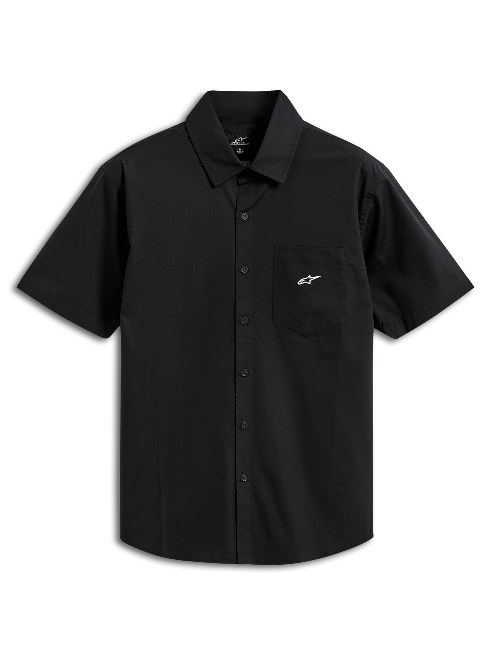 Alpinestars Strive Woven Shirt, Short Sleeve Button-Up Shirt, Black, featuring a white Astar logo on the chest pocket, classic collar and button-front placket, casual motorsport-inspired streetwear
