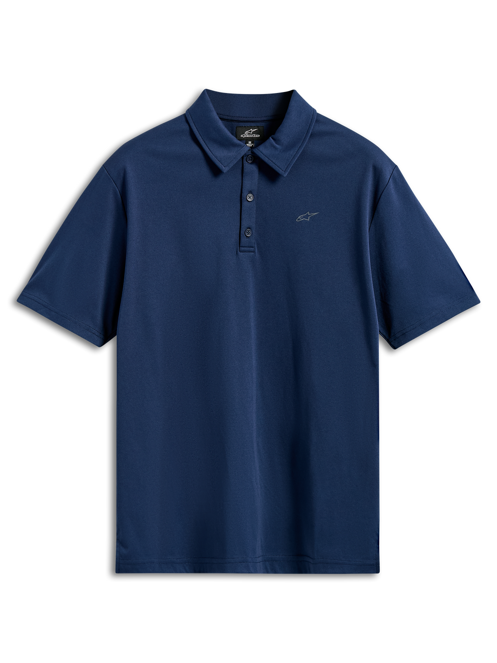 Alpinestars Impetus Sport Polo, Short Sleeve Polo Shirt, Navy Blue, mock mesh fabric with three-button placket and small gray Astars logo on the chest, casual motorsport sportswear