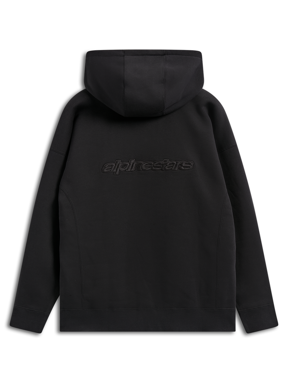 Alpinestars Emergent Oversized Hoodie, black casual streetwear, back view showing embroidered Alpinestars word logo, oversized fit with hooded design and ribbed hem