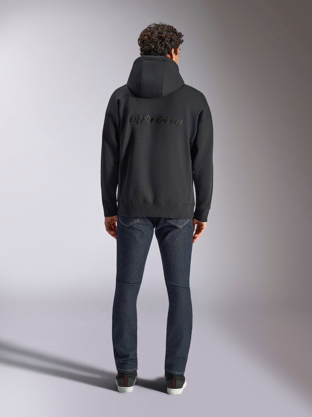 Alpinestars Emergent Oversized Hoodie, Black, Back view featuring tonal 3D embroidered Alpinestars word logo, oversized fit pullover fleece, casual lifestyle streetwear