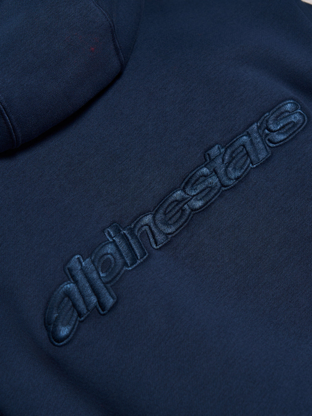 Alpinestars Emergent Oversized Hoodie, Navy Blue, close-up detail of tonal 3D embroidered Alpinestars word logo on back, premium fleece texture
