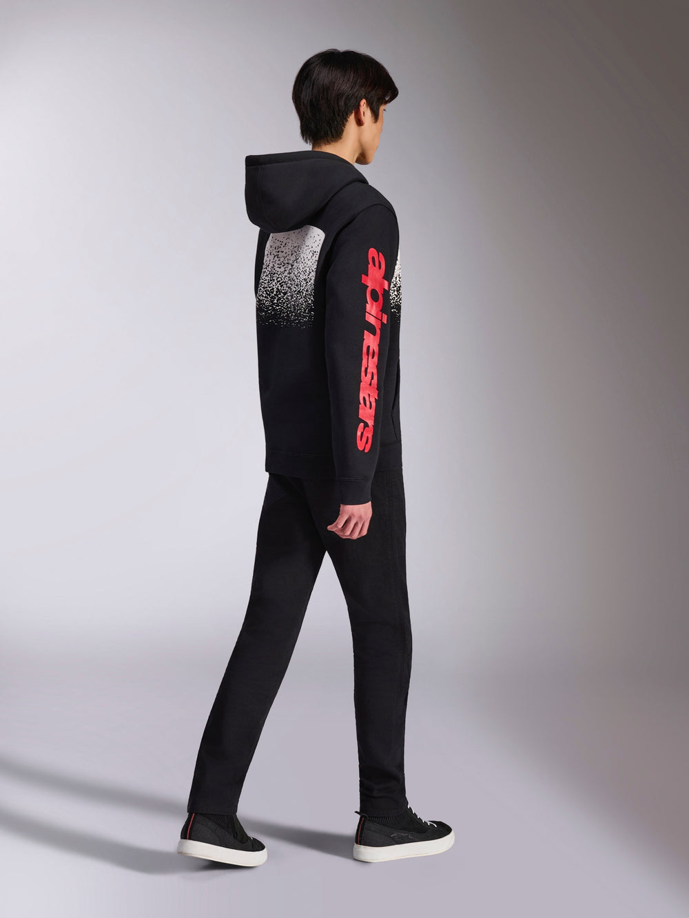 Alpinestars Obsessed Hoodie, Pullover Fleece Hoodie, Black, Red Alpinestars sleeve logo and white back gradation graphic, casual motorsport-inspired streetwear