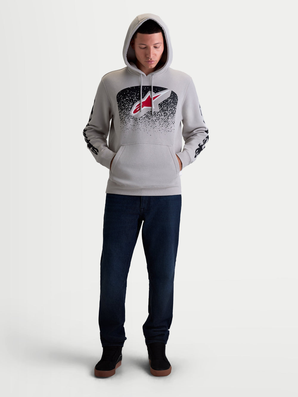 Alpinestars Obsessed Hoodie, Men's Sportswear Pullover Fleece in Cement Gray with Red and Black MX-inspired Gradient Graphics, front Astars logo and sleeve branding, soft cotton and recycled polyester blend for casual motorsport lifestyle.