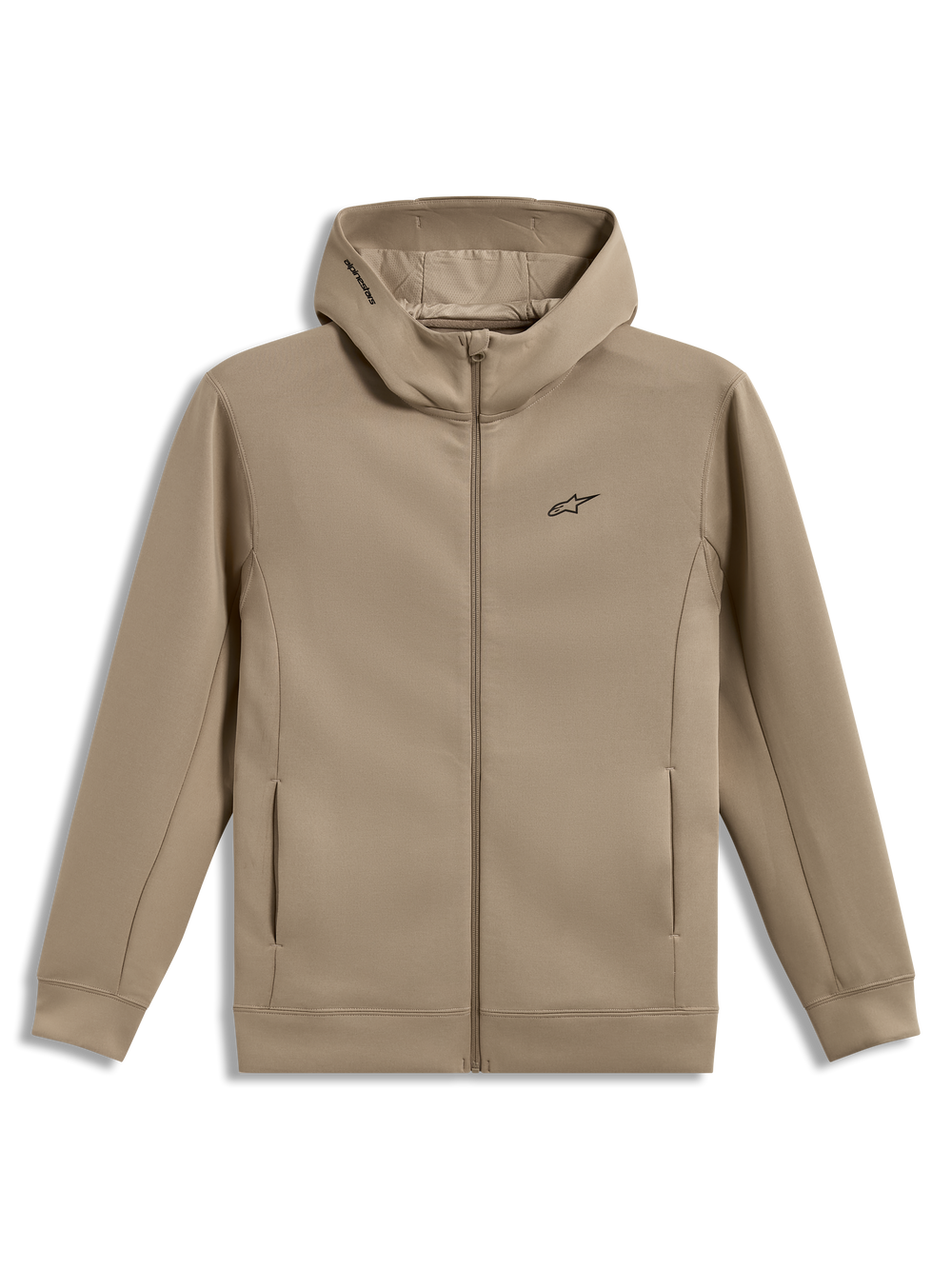 Alpinestars Cypher Hoodie, Putty beige zip-front fleece with mesh-lined high-neck hood and Astars logo.