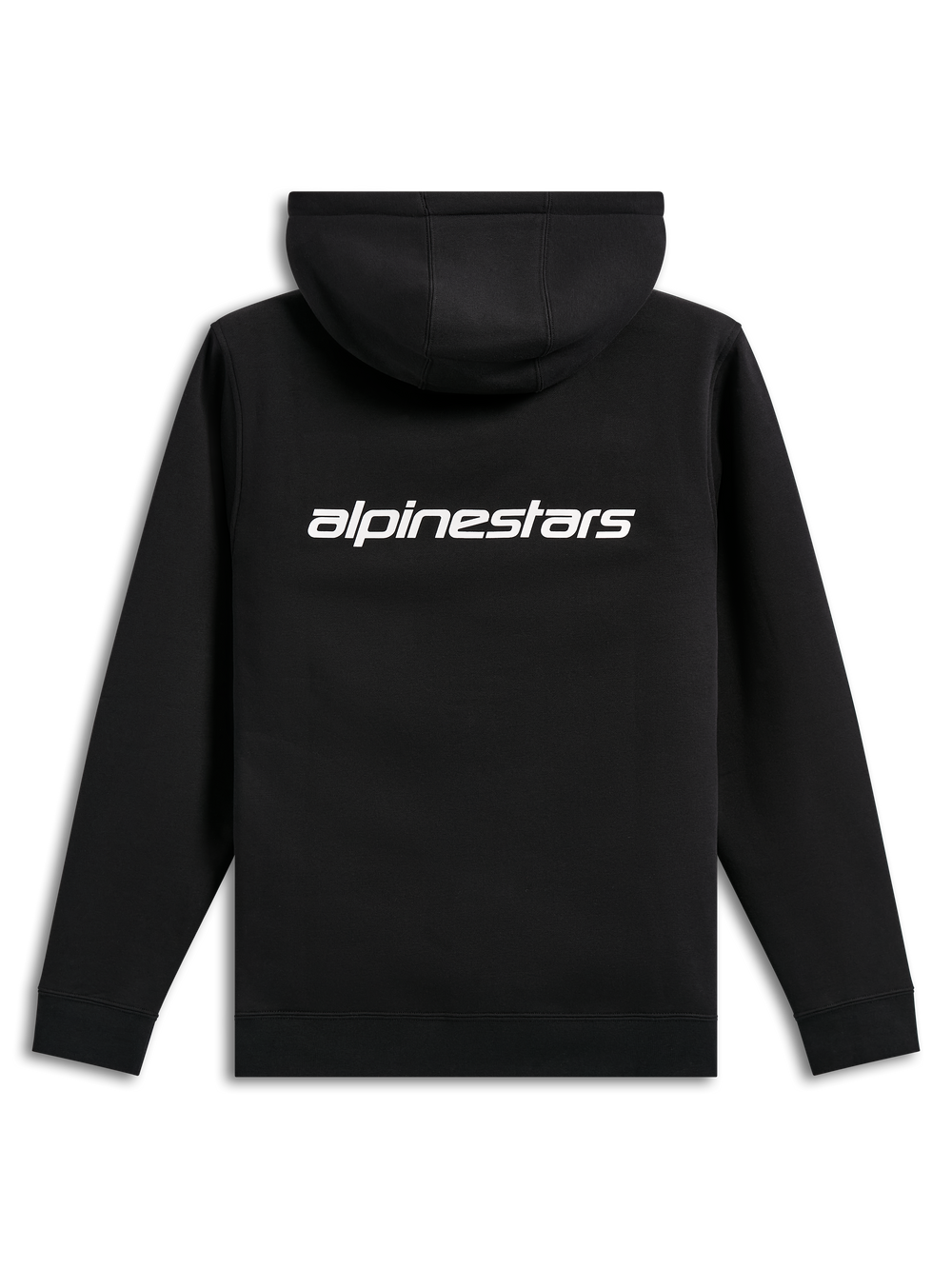 Alpinestars Transverse Hoodie, casual streetwear, black with white Alpinestars word logo on the back, hooded fleece, ribbed cuffs and hem, modern motorsport-inspired design