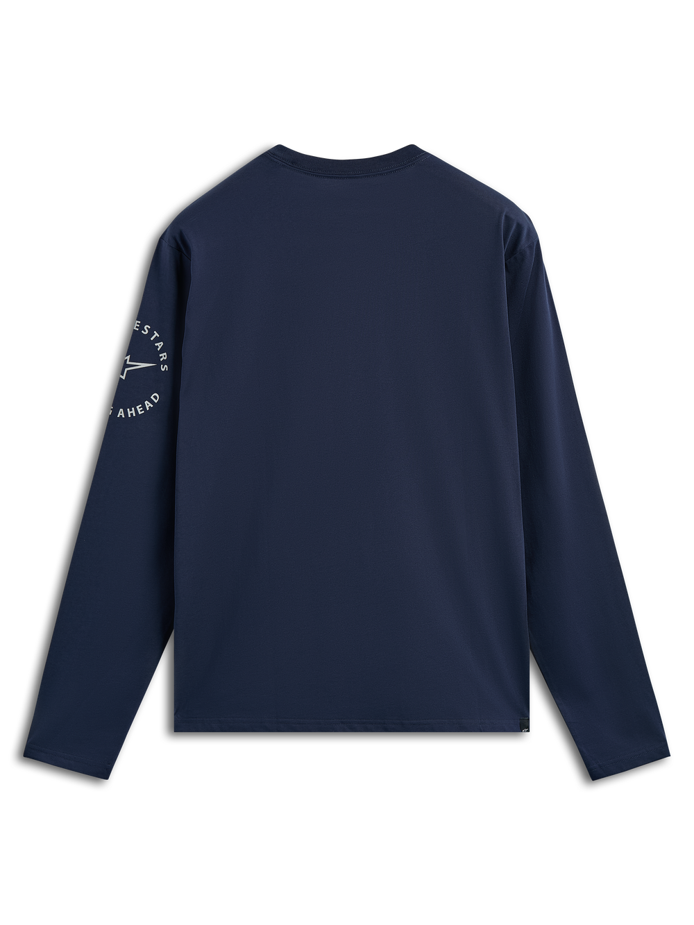 Alpinestars Mandatory CSF Tee, Long Sleeve T-Shirt, Navy Blue, back view showing white Astars circular logo on the left sleeve, casual motorsport-inspired streetwear