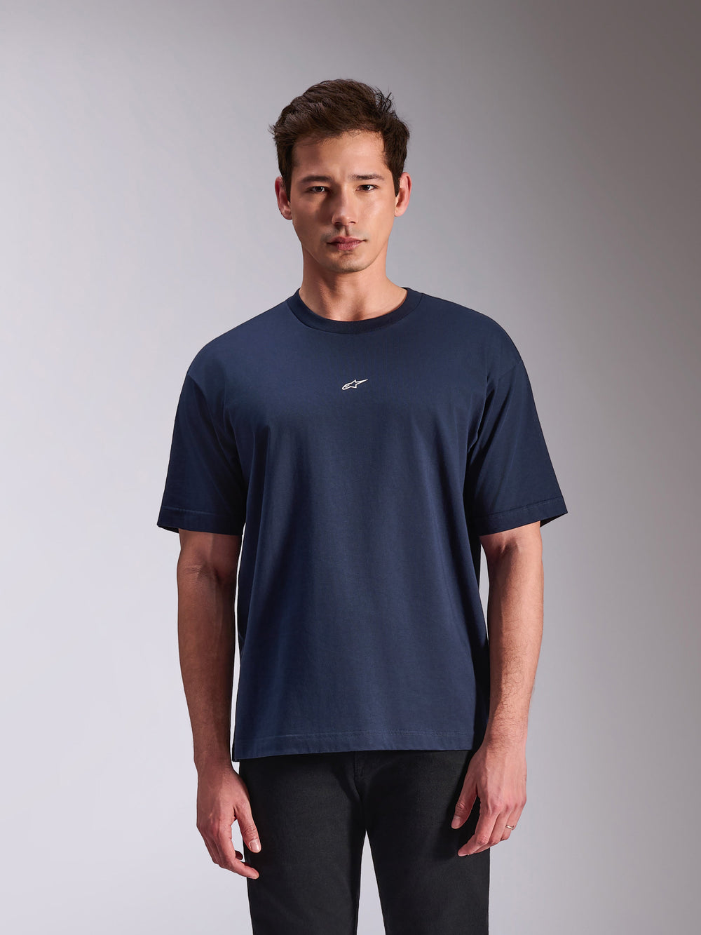 Alpinestars Focused Oversized CSF Tee, Short Sleeve T-Shirt, Navy Blue, small white Astars logo on chest, casual motorsport-inspired streetwear