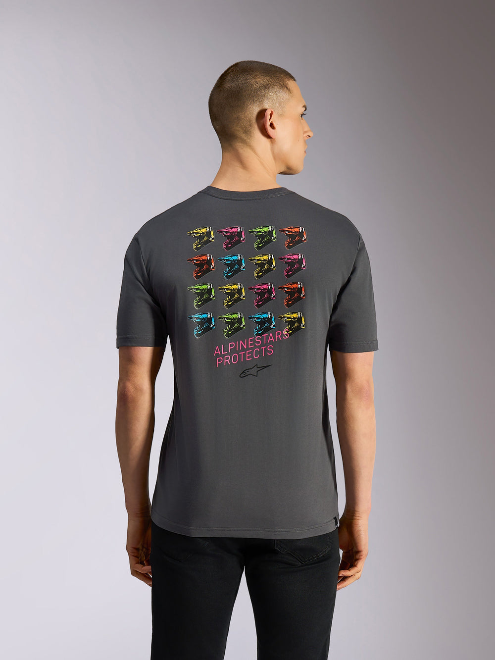 Alpinestars Pop Helmet CSF Tee, Short Sleeve T-Shirt, Gray, rear view featuring a vibrant grid of 16 colorful M10 helmets and pink 