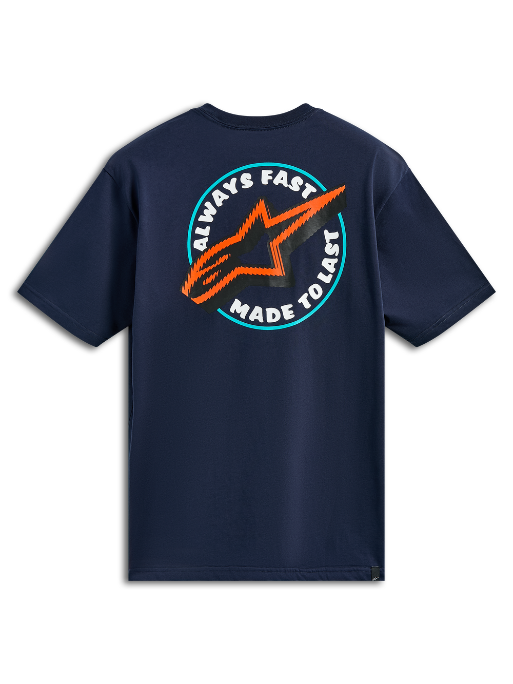 Alpinestars Aorbit CSF Tee, Short Sleeve T-Shirt, Navy Blue, Back View featuring Always Fast Made to Last circular graphic with orange and black star logo, Casual Motorsport Streetwear