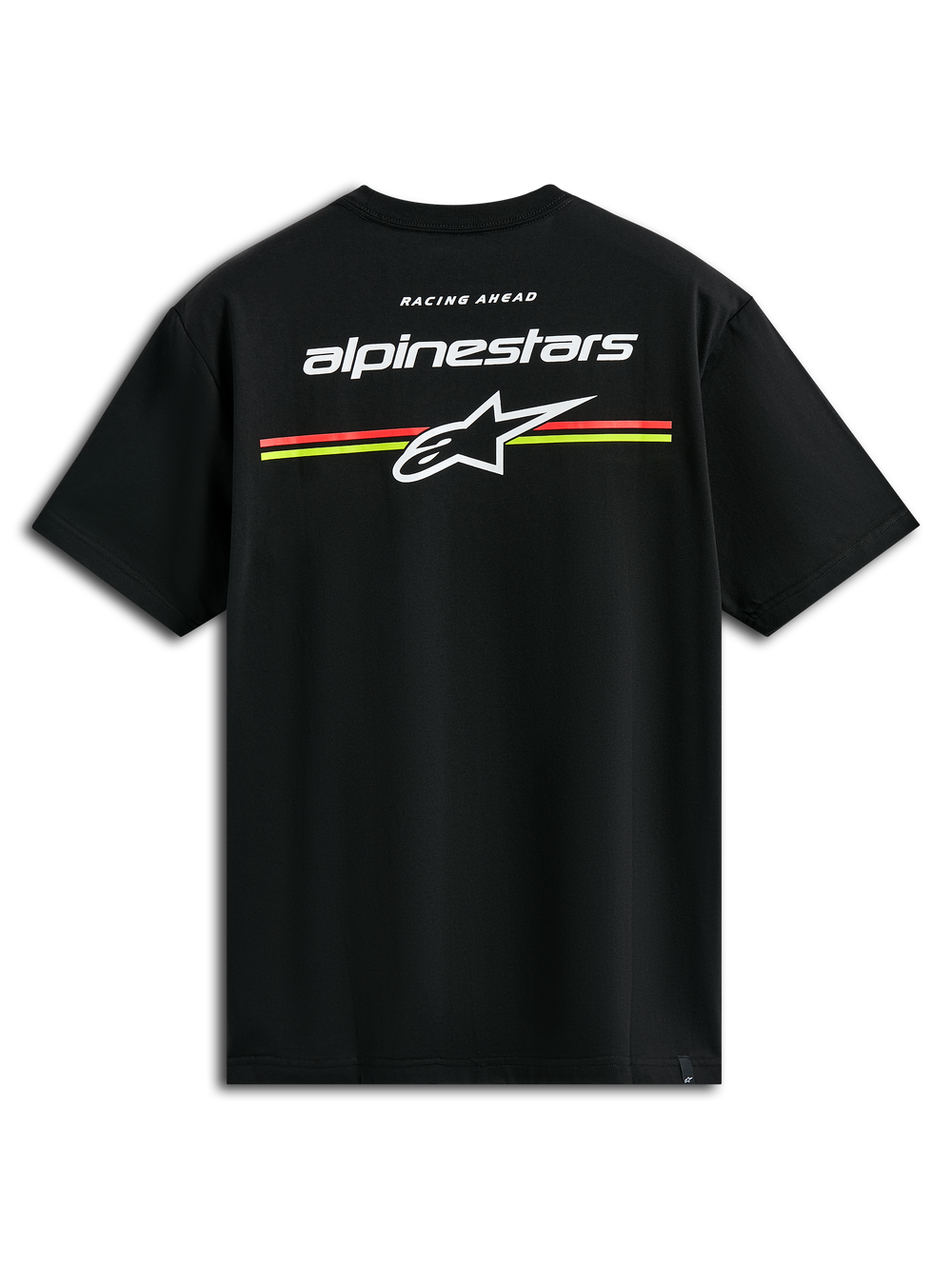 Alpinestars Lanes CSF Tee, Short Sleeve T-Shirt, Black, White Alpinestars and Astars logos with orange and yellow horizontal stripes on the back, Casual Motorsport Streetwear