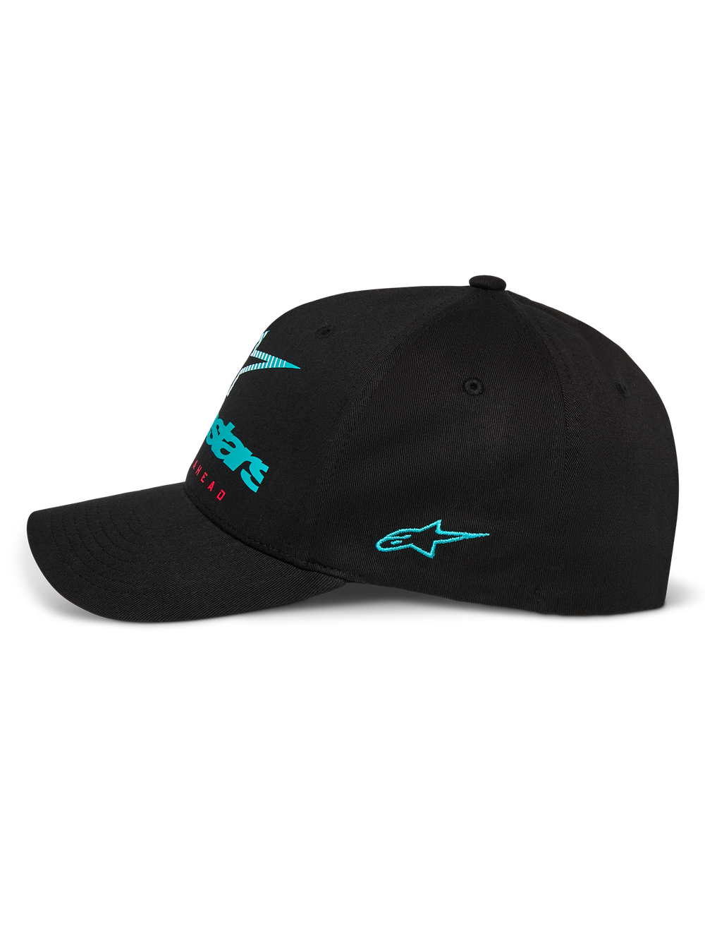 Alpinestars Instinct Hat, side profile of black baseball cap, featuring a teal embroidered Astars logo on the side and gradient front branding, curved bill with structured crown, casual motorsport streetwear