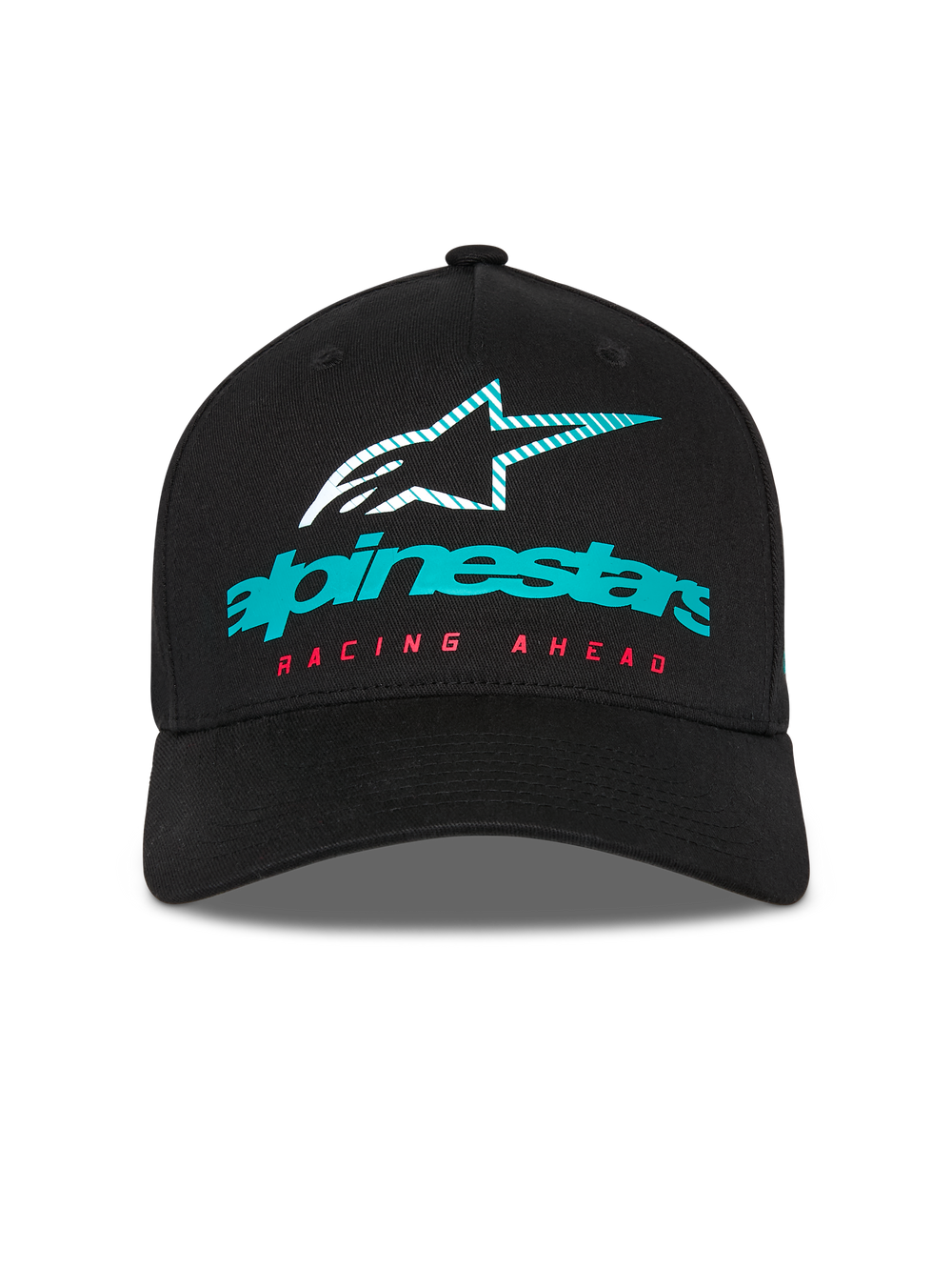 Alpinestars Instinct Hat, structured baseball cap, Black, featuring a teal Alpinestars logo with a striped star icon and red 'RACING AHEAD' text, curved bill, casual motorsport streetwear