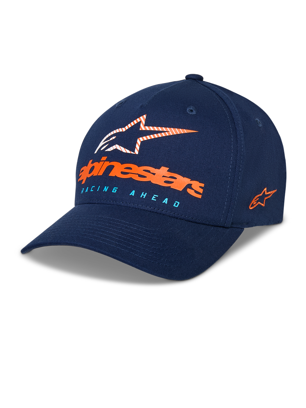 Alpinestars Instinct Hat, Navy Blue Baseball Cap, curved bill with structured crown, front Astars logo with orange wordmark and light blue 