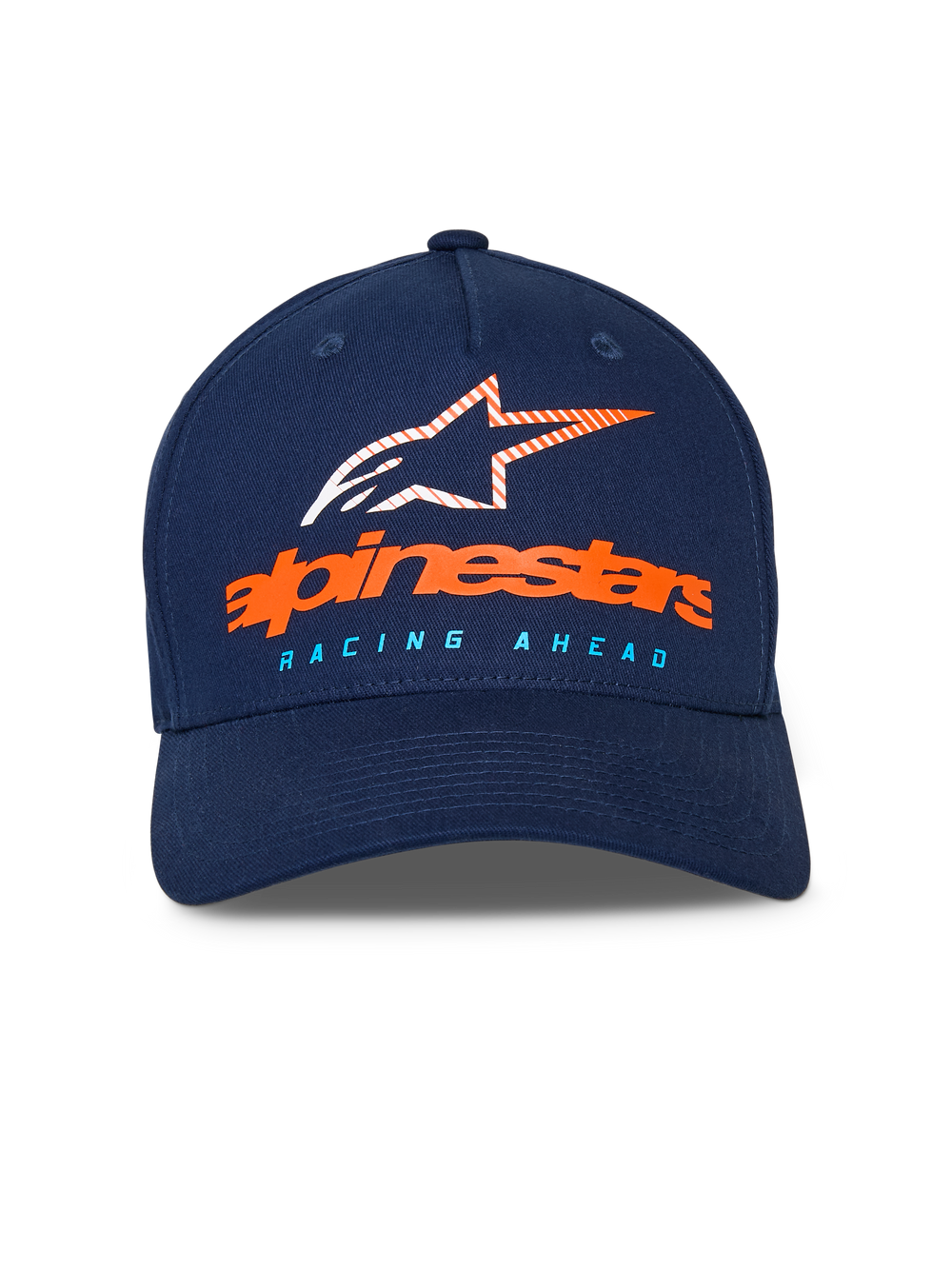 Alpinestars Instinct Hat, Navy Blue baseball cap, curved bill with structured crown, front orange Alpinestars wordmark and striped star logo, light blue 