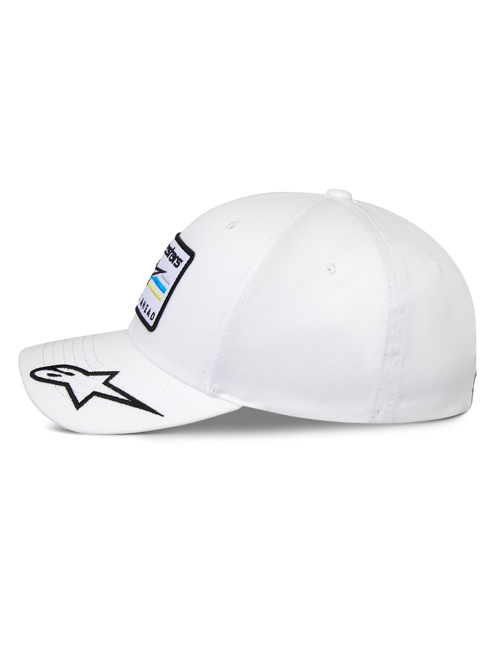 Alpinestars Surpass Hat, Structured Baseball Cap, White, curved bill with embroidered black and white star logo, side profile view showing front Astars logo patch, casual motorsport-inspired headwear