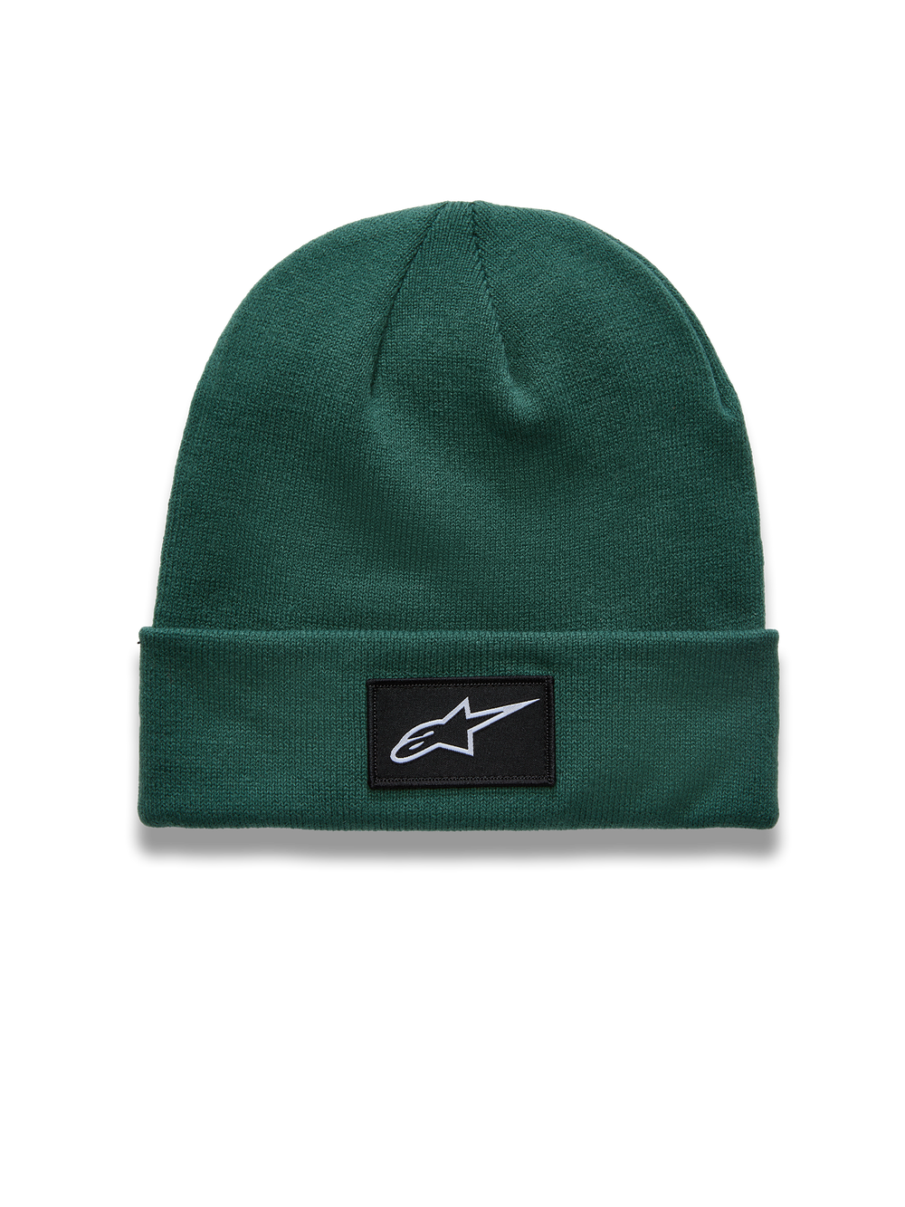 Alpinestars Augment Cuff Beanie, green knit jersey sportswear hat with a black star logo patch on the folded cuff.