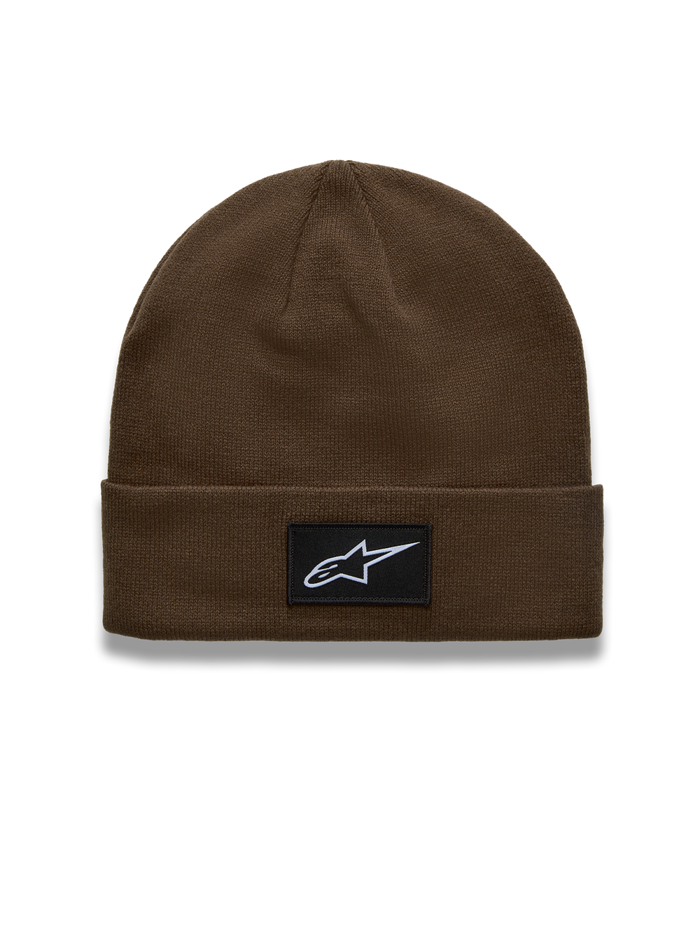 Alpinestars Augment Cuff Beanie, brown knit acrylic hat with a woven Astars logo patch and bike-chain border detail.