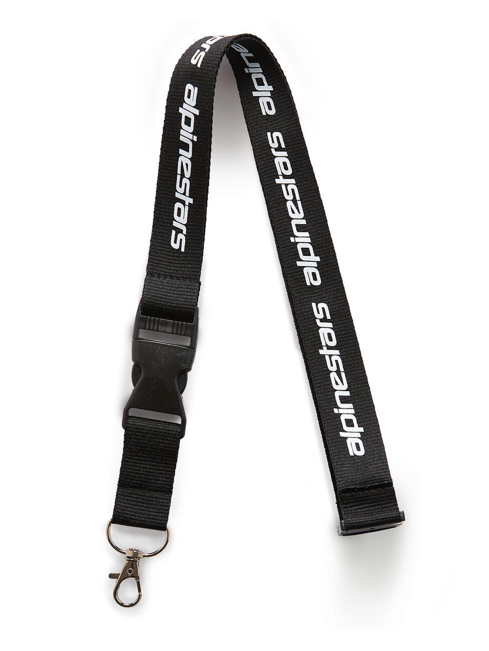 Alpinestars Linear Lanyard, Black and White, black strap with printed white Alpinestars word logo, featuring a black plastic breakaway buckle and a metal swivel hook, casual sportswear accessory