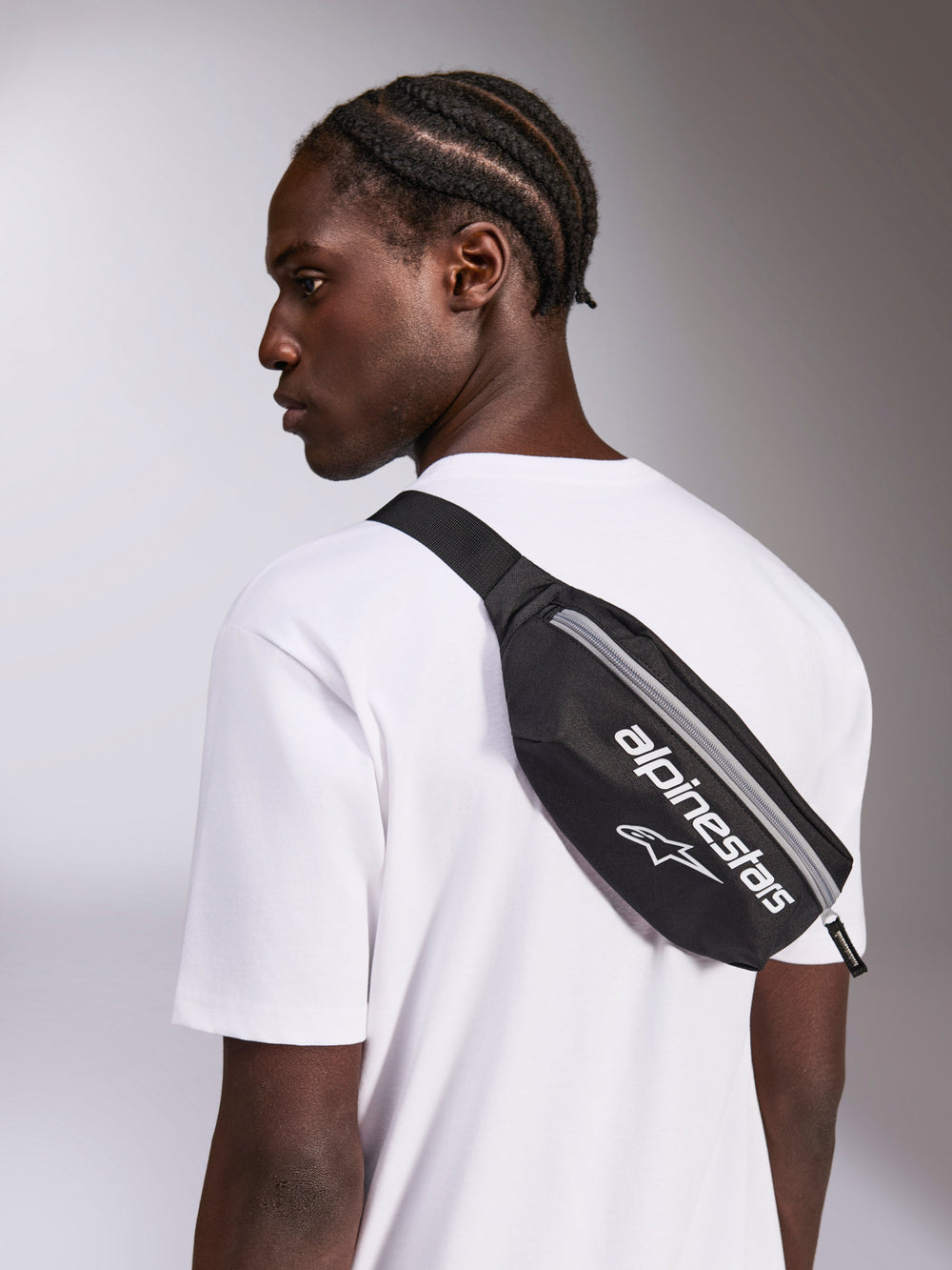 Alpinestars Only Linear Hip Bag, black and white crossbody waist pack with bold logo branding for urban sportswear.