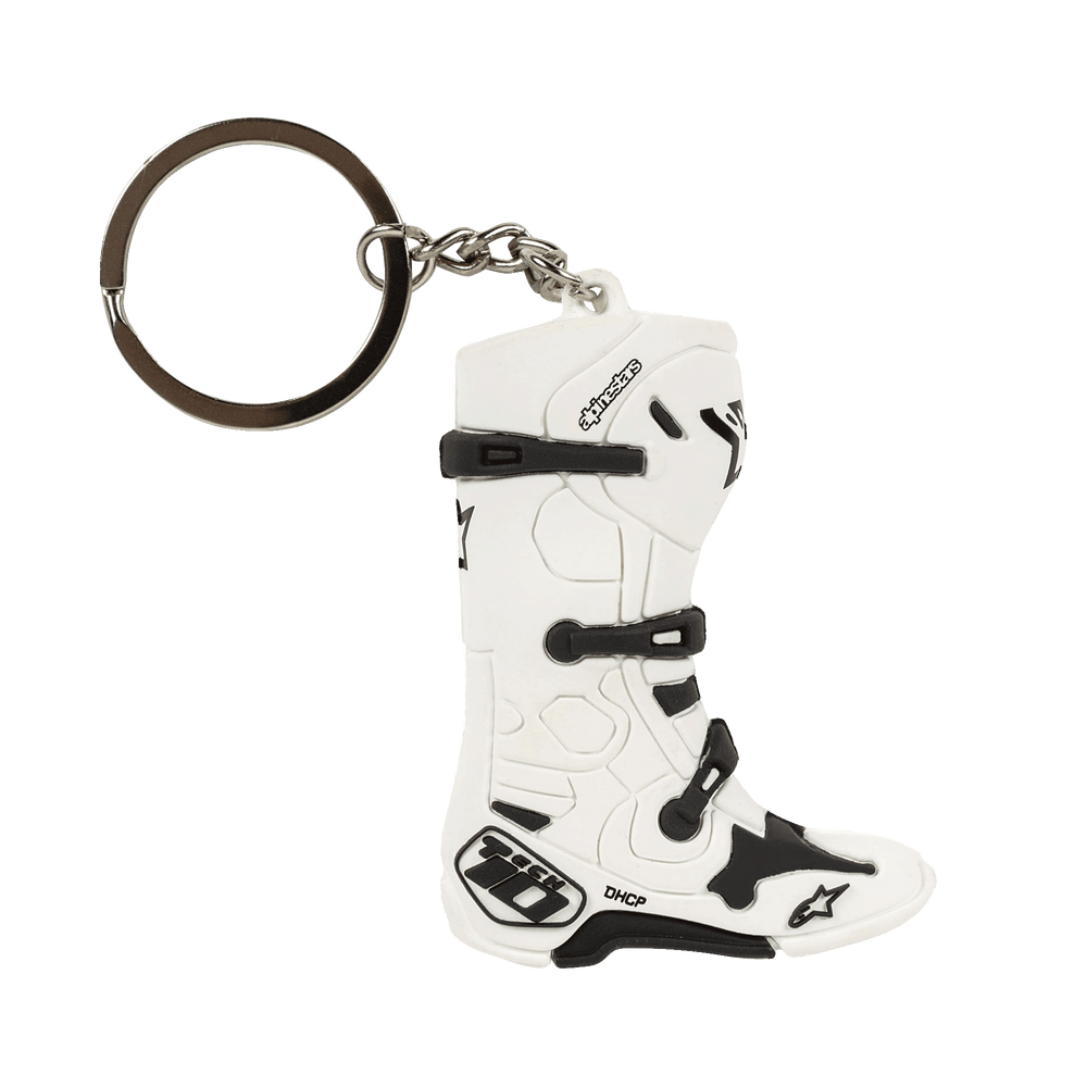Alpinestars New Tech 10 Boot Keyfob, miniature 3D motocross boot keychain, White and Black, featuring detailed straps and branding, metallic ring and chain, motorsport-inspired accessory