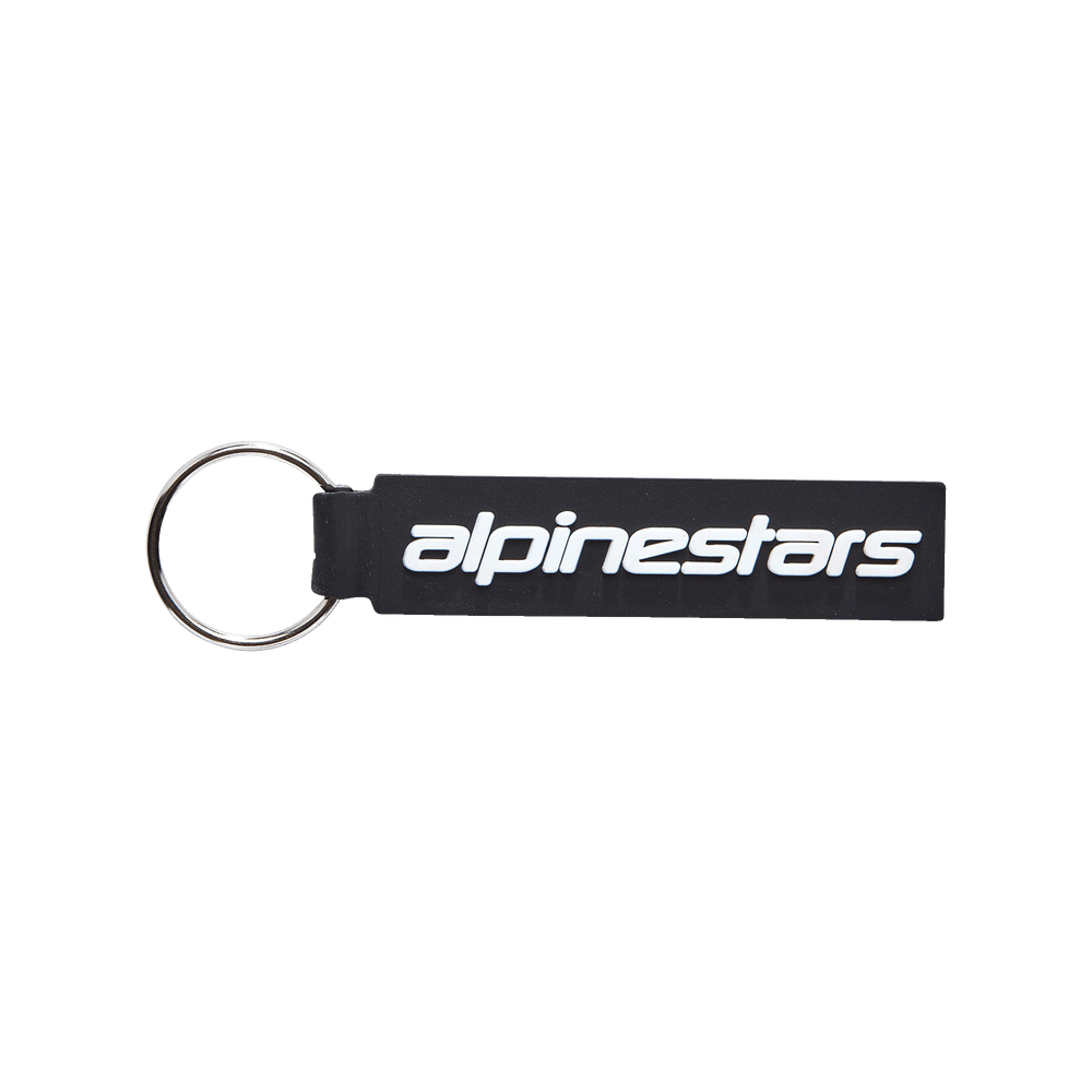 Alpinestars Linear Key Fob, Black rectangular keychain with white Alpinestars logo, silver metal ring, premium 3D molded PVC construction, motorsport-inspired accessory
