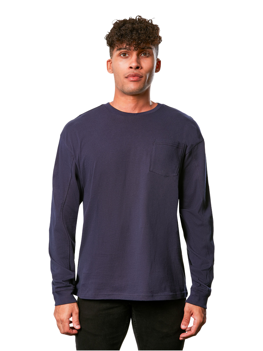 Alpinestars Vault Knit Long Sleeve, men's casual long sleeve crew neck t-shirt in dark navy, front view on a model showing boxy fit, heavy jersey fabric, and chest pocket