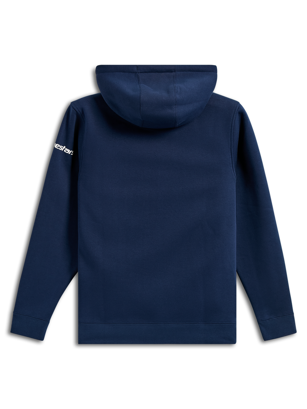 Alpinestars Frontal Hoodie, casual navy blue fleece pullover, rear view, white Alpinestars word logo on sleeve, ribbed cuffs and hem, motorsport-inspired streetwear
